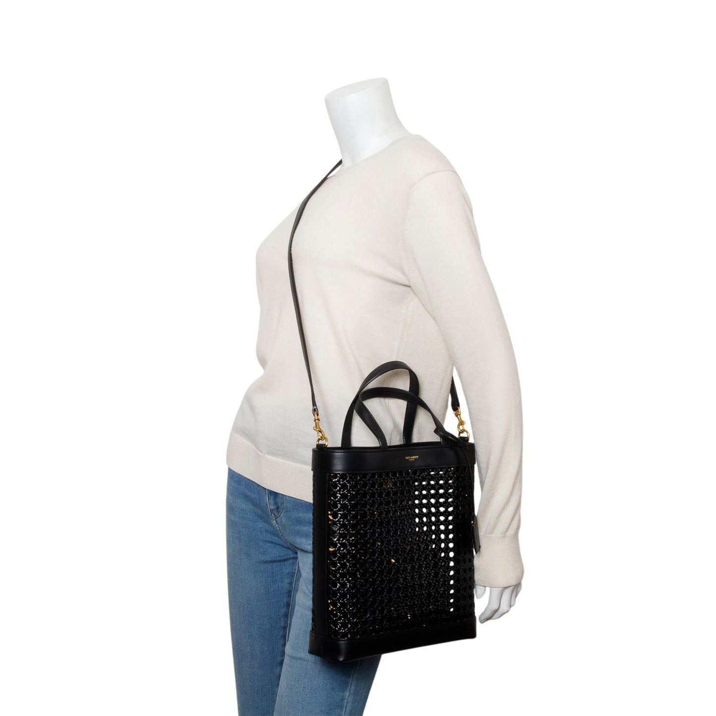Saint Laurent 2021 Black Woven Cane Calfskin Toy N/S Shopping Tote