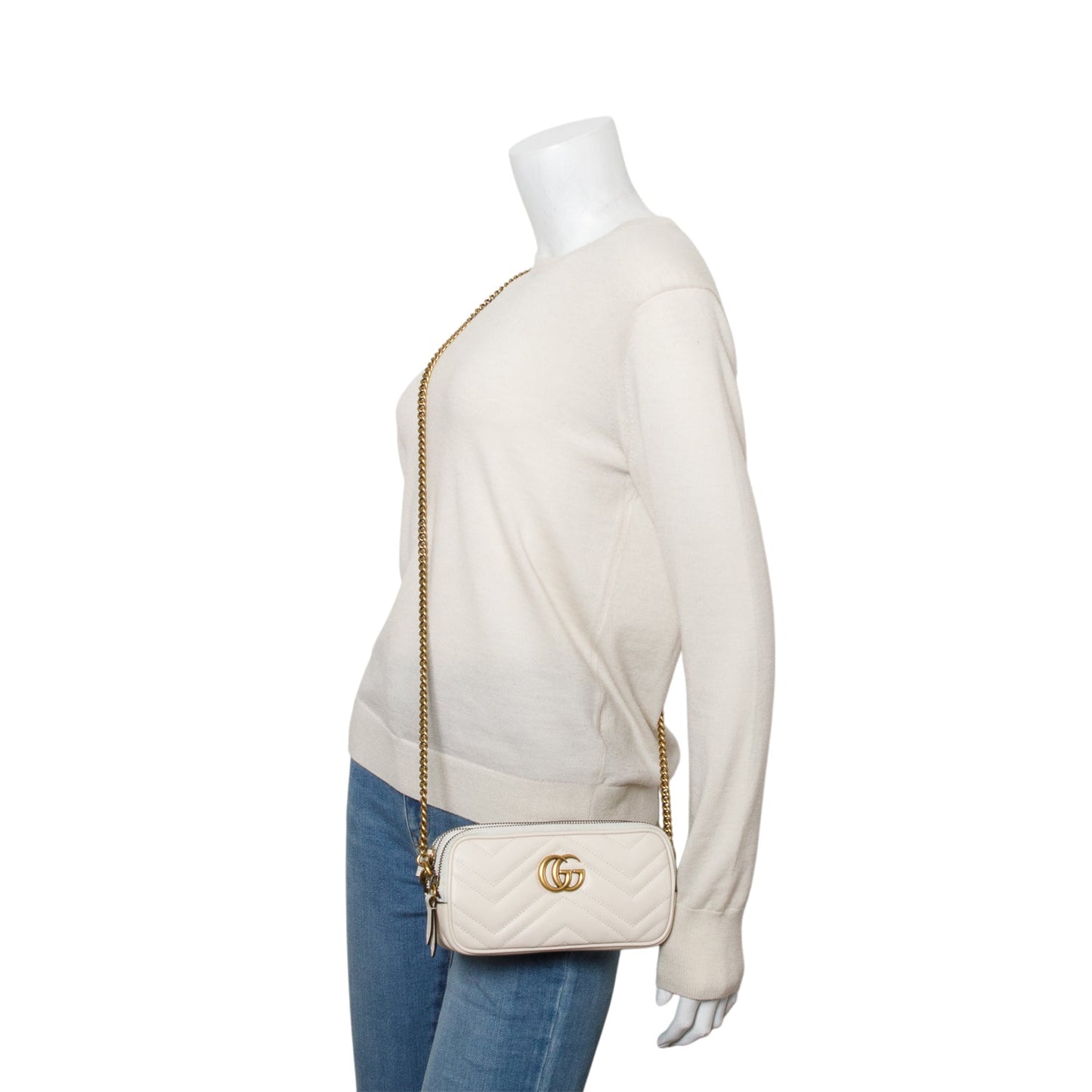 Gucci White Calfskin GG Marmont Triple Zip Crossbody Bag