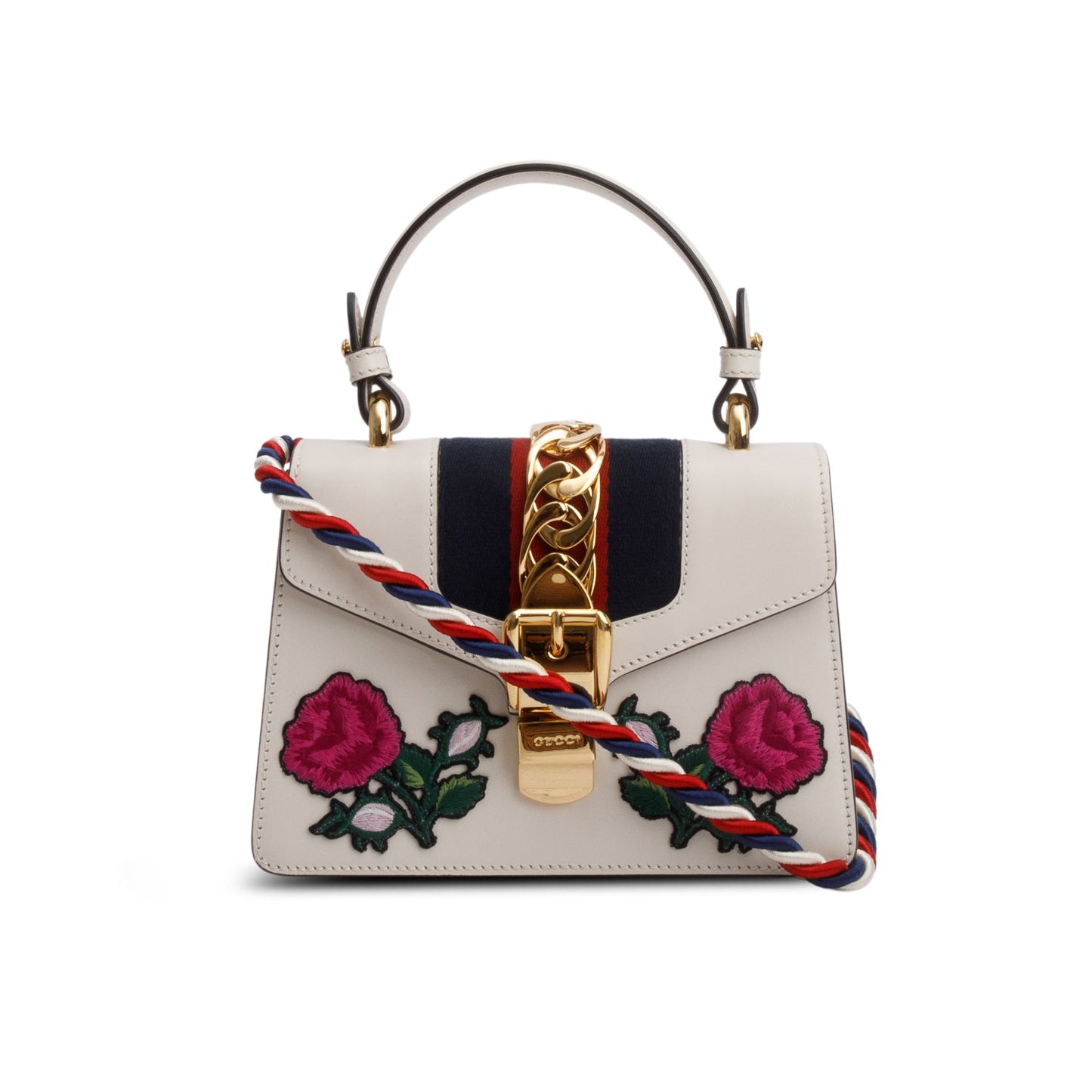 Gucci White Calfskin Embroidered Mini Sylvie Top Handle Bag