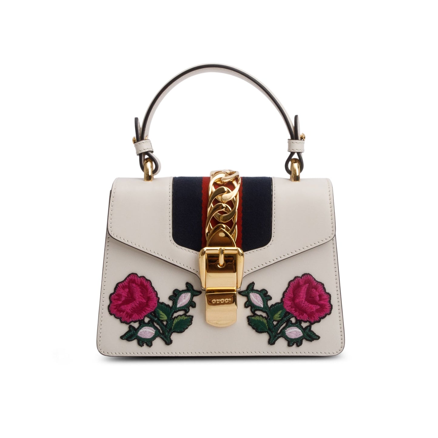 Gucci White Calfskin Embroidered Mini Sylvie Top Handle Bag