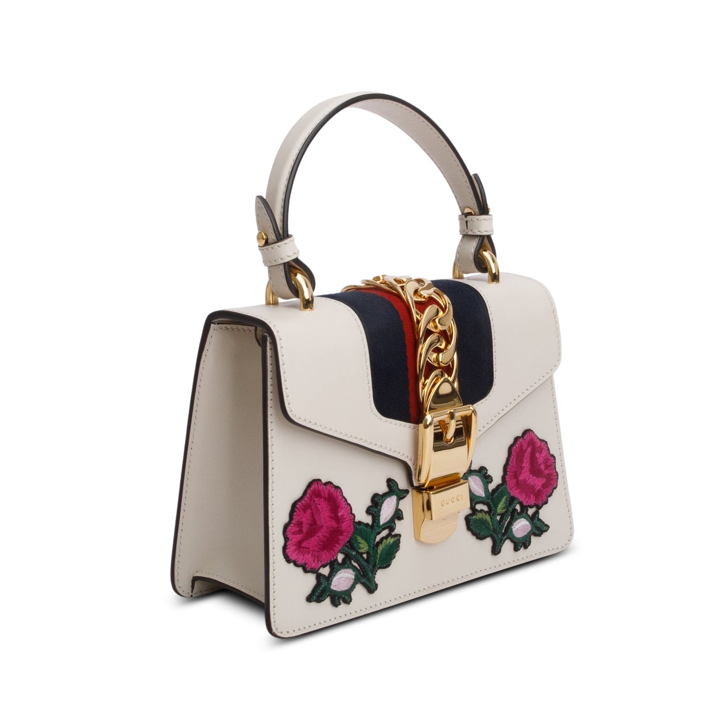 Gucci White Calfskin Embroidered Mini Sylvie Top Handle Bag