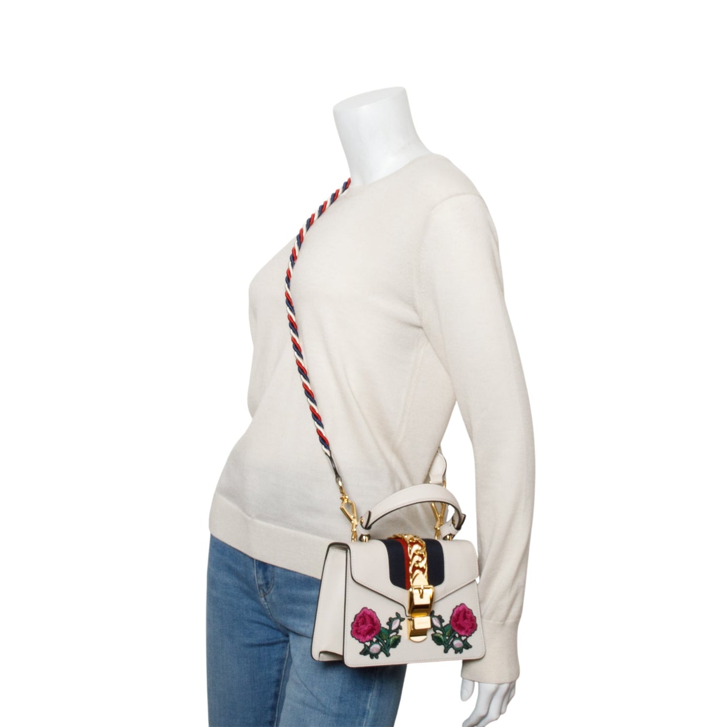 Gucci White Calfskin Embroidered Mini Sylvie Top Handle Bag