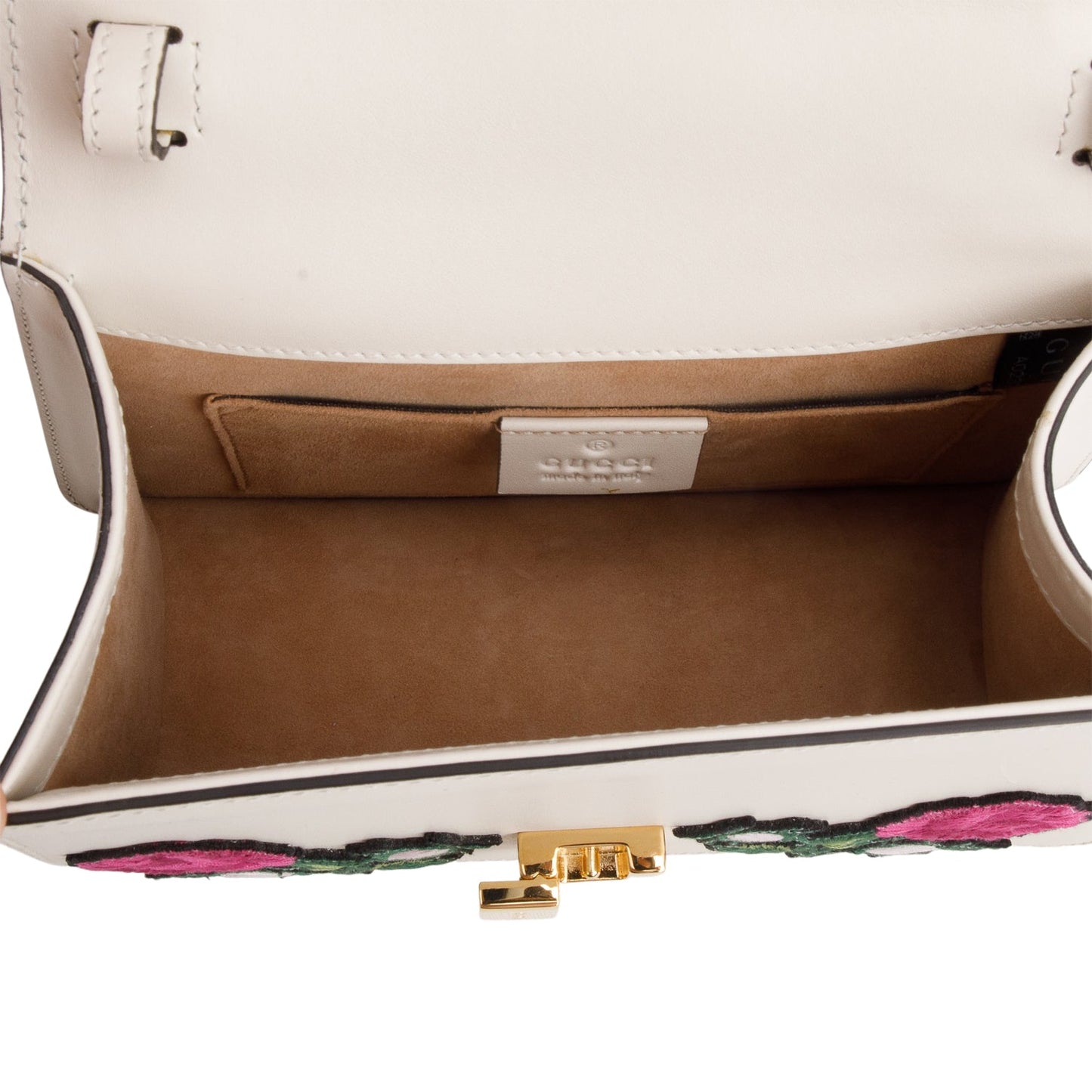 Gucci White Calfskin Embroidered Mini Sylvie Top Handle Bag