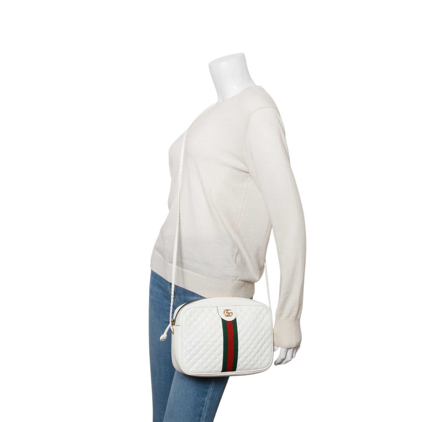 Gucci White Calfskin Calfskin Web Trapuntata Small GG Shoulder Bag