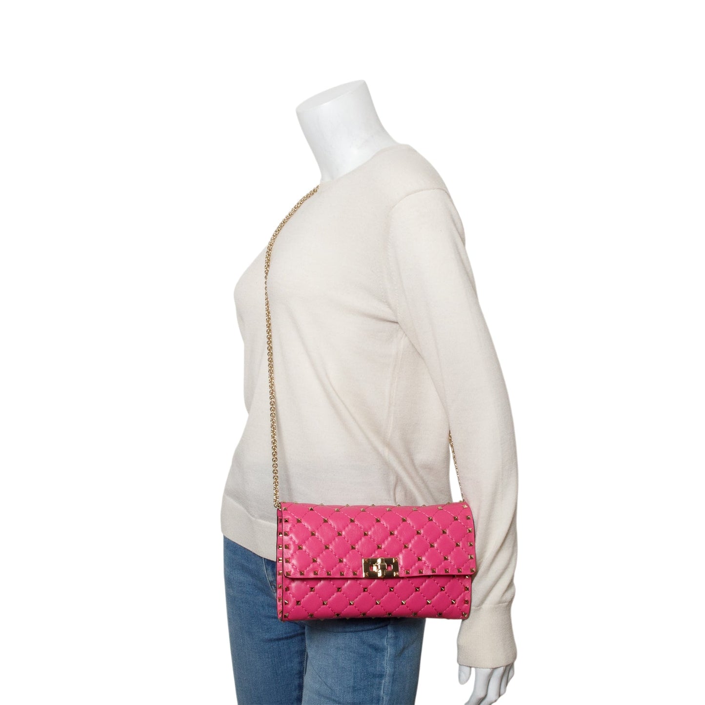 Valentino Pink Lambskin Rockstud Spike Wallet on Chain