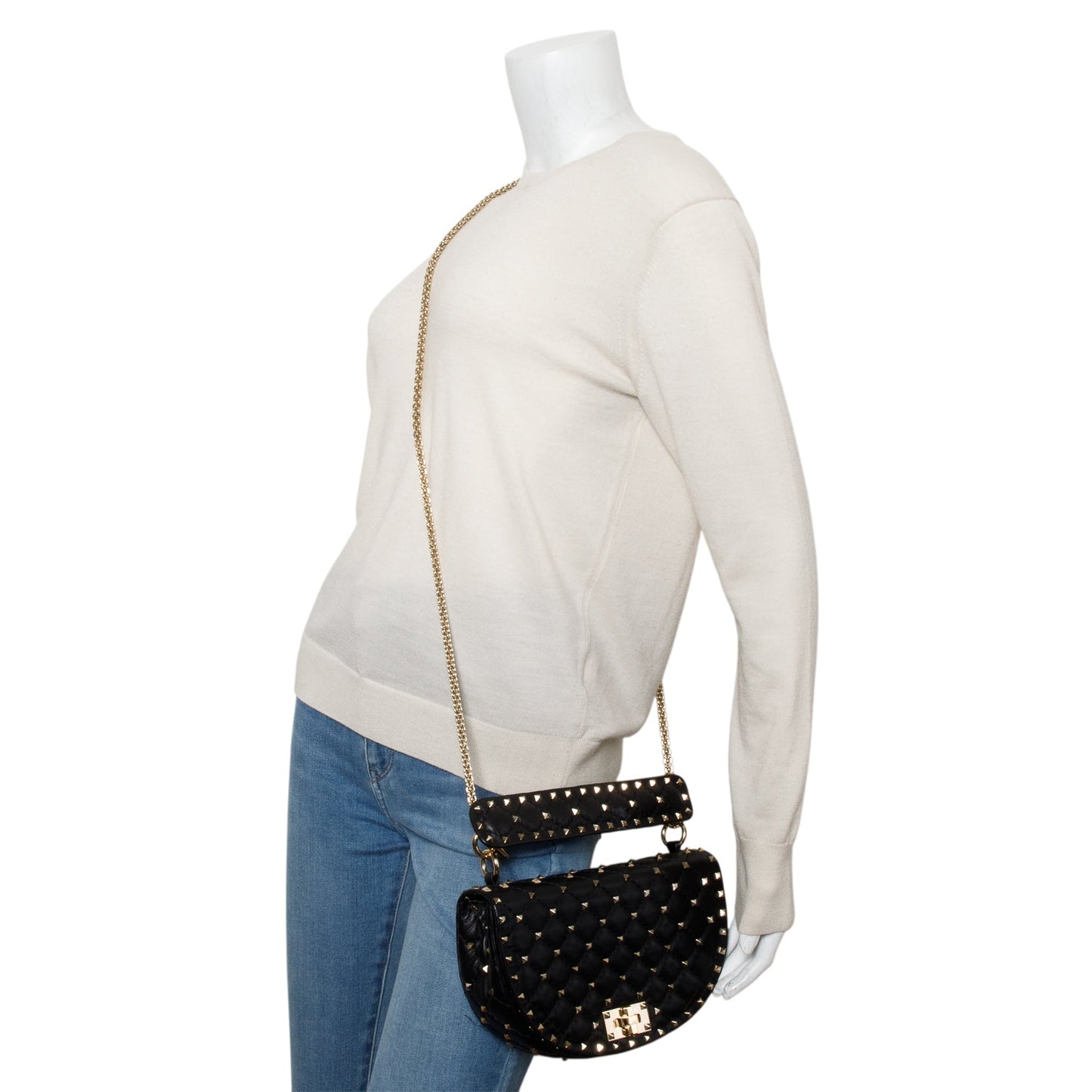 Valentino Black Nappa Medium Rockstud Spike Halfmoon Saddle Bag