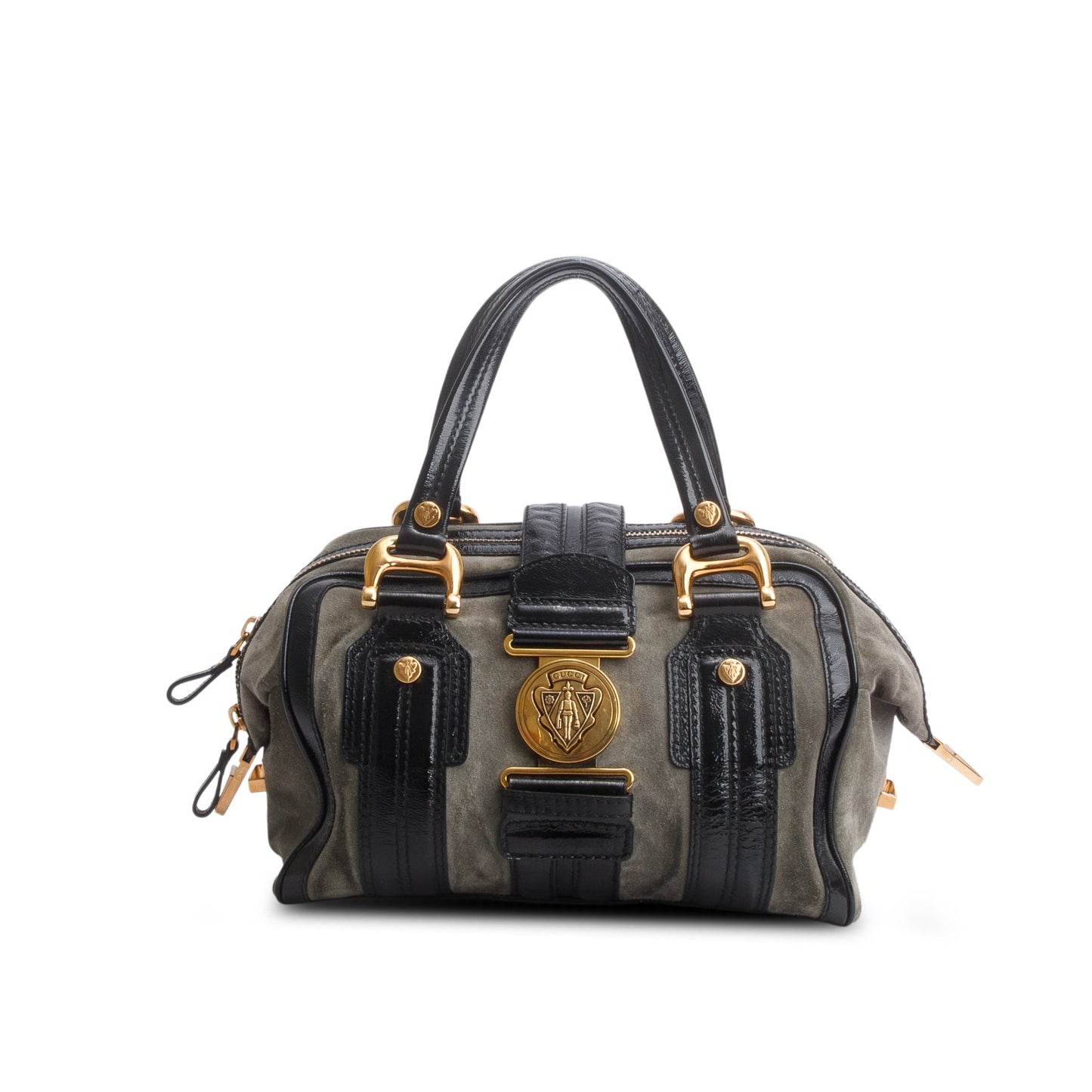 Gucci Grey Suede Black Patent Leather Medium Hysteria Aviatrix Boston Bag