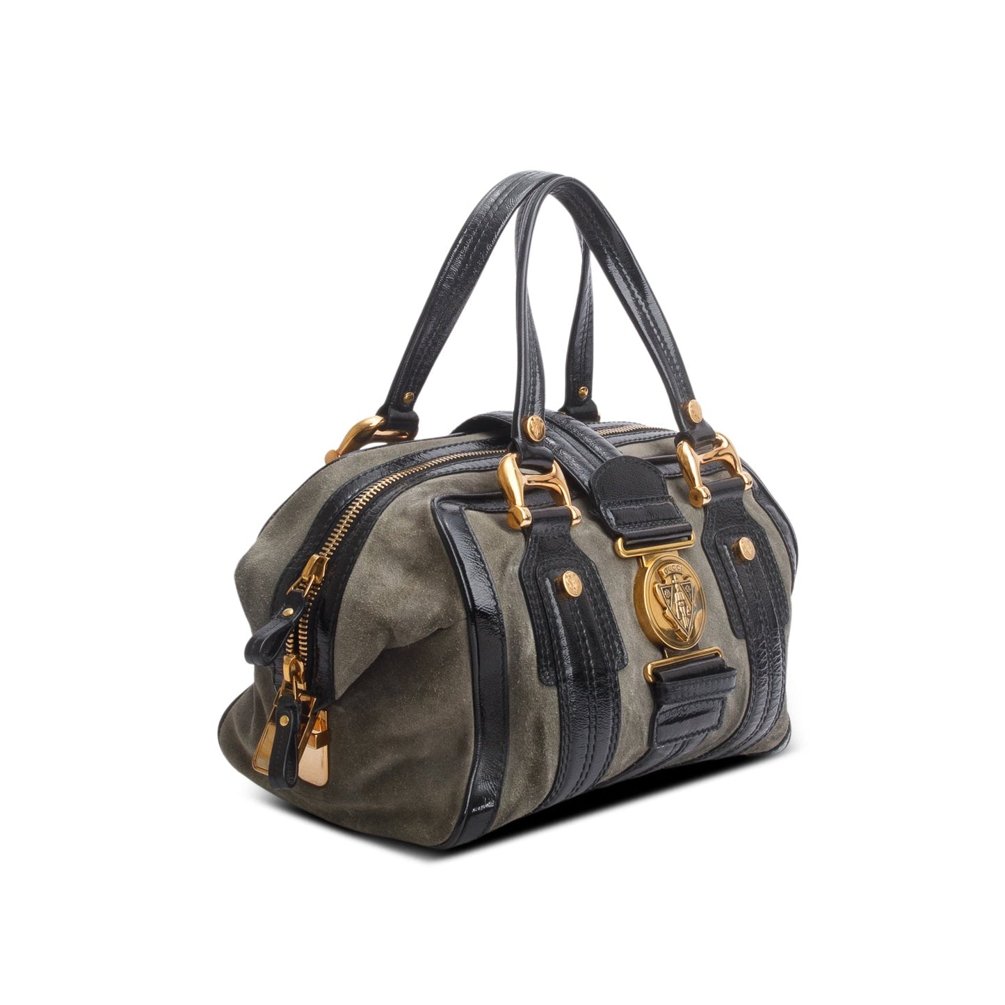 Gucci Grey Suede Black Patent Leather Medium Hysteria Aviatrix Boston Bag