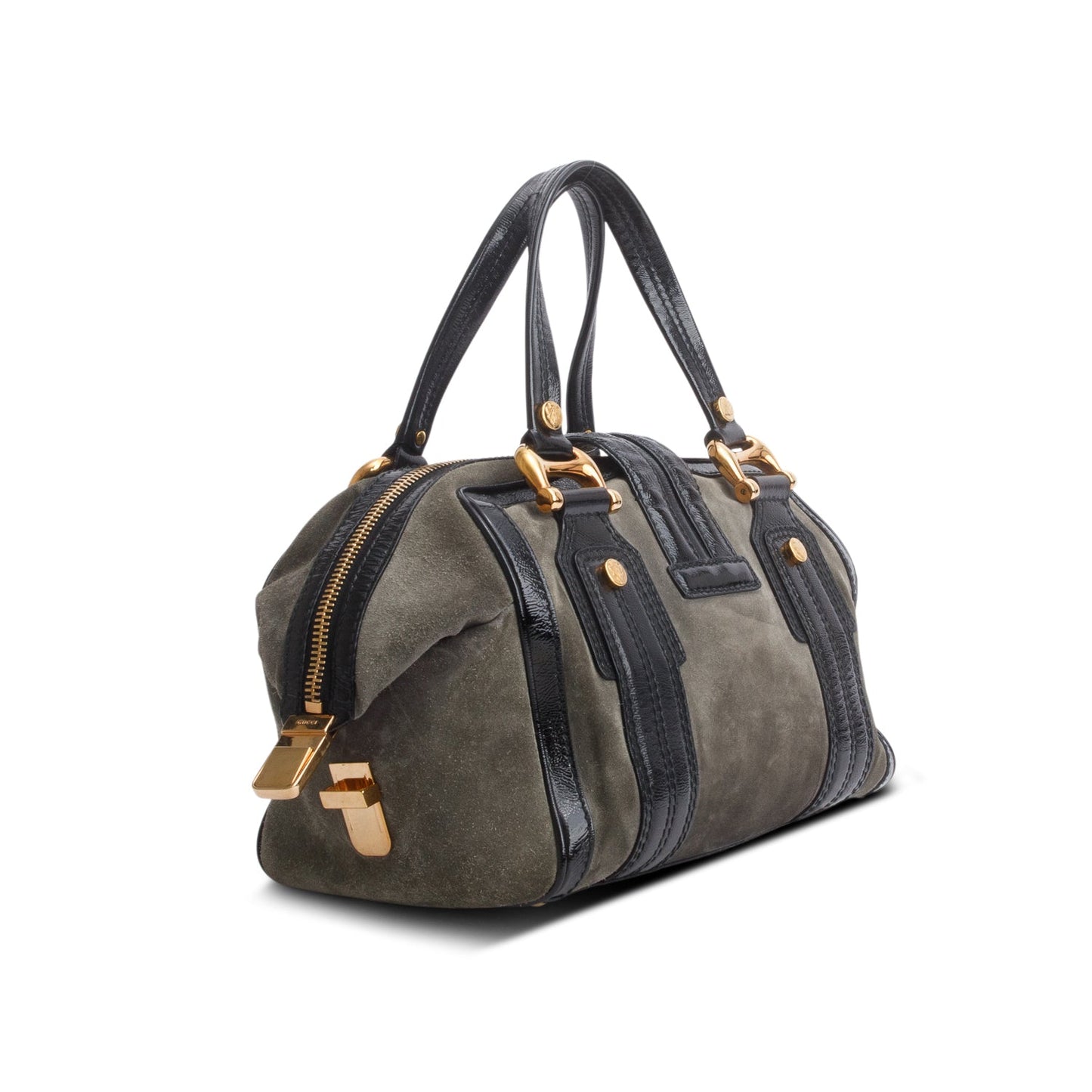 Gucci Grey Suede Black Patent Leather Medium Hysteria Aviatrix Boston Bag