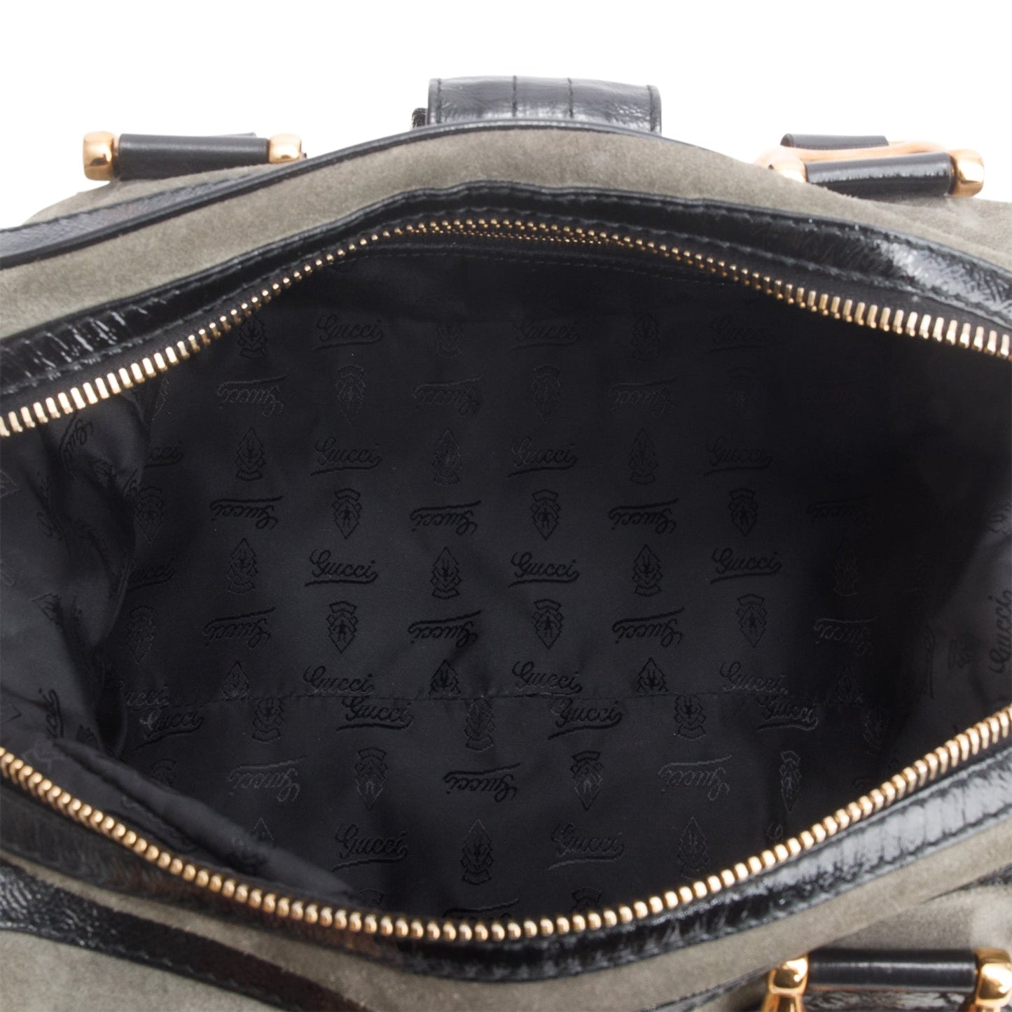 Gucci Grey Suede Black Patent Leather Medium Hysteria Aviatrix Boston Bag