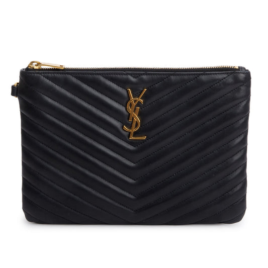 Saint Laurent 2021 Black Calfskin Matelasse Monogram Casssandre Zip Pouch