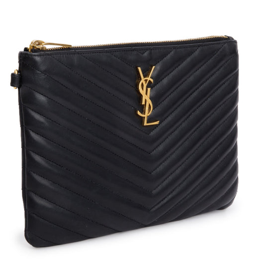 Saint Laurent 2021 Black Calfskin Matelasse Monogram Casssandre Zip Pouch