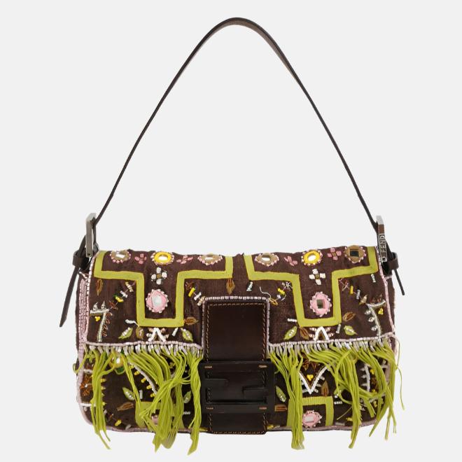 Fendi Baguette Vintage Brown Canvas with embroidery sequins mirrors and tassels