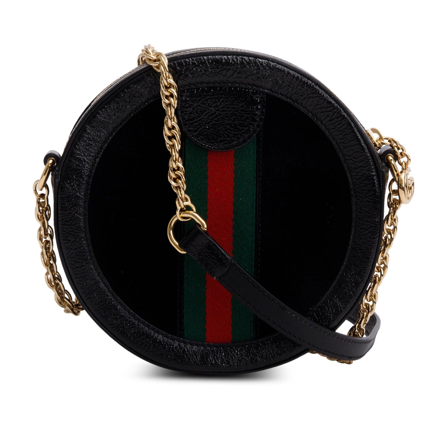 Gucci Black Suede Patent Leather Web Ophidia Mini Round Shoulder Bag