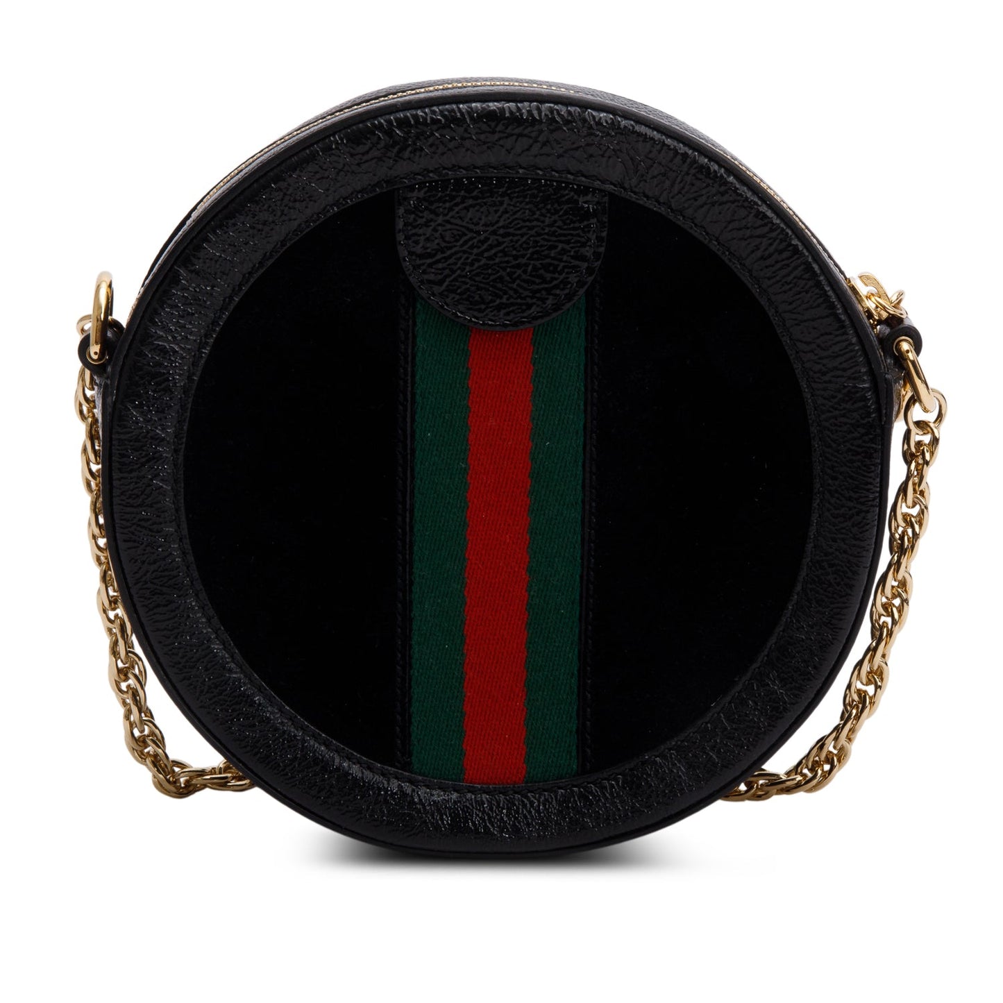 Gucci Black Suede Patent Leather Web Ophidia Mini Round Shoulder Bag