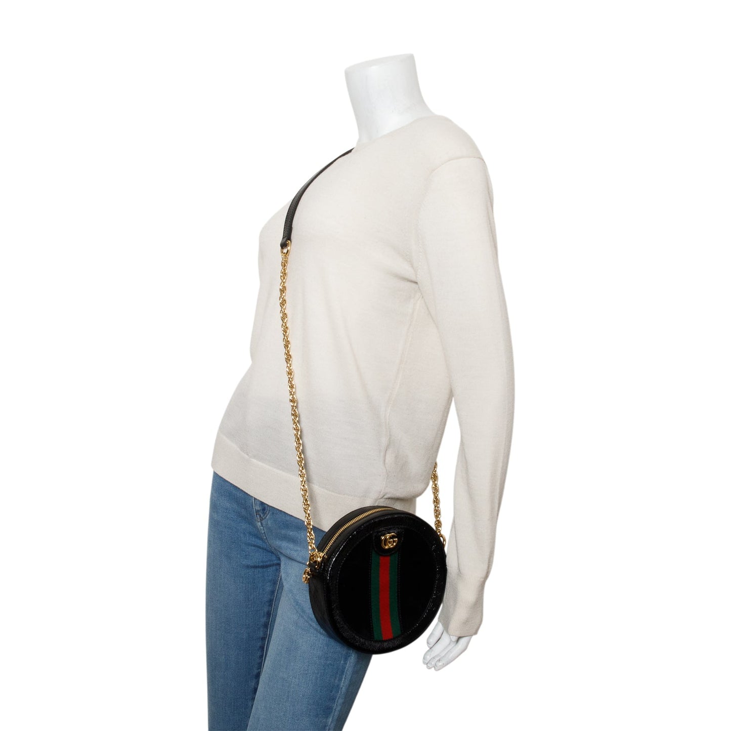 Gucci Black Suede Patent Leather Web Ophidia Mini Round Shoulder Bag