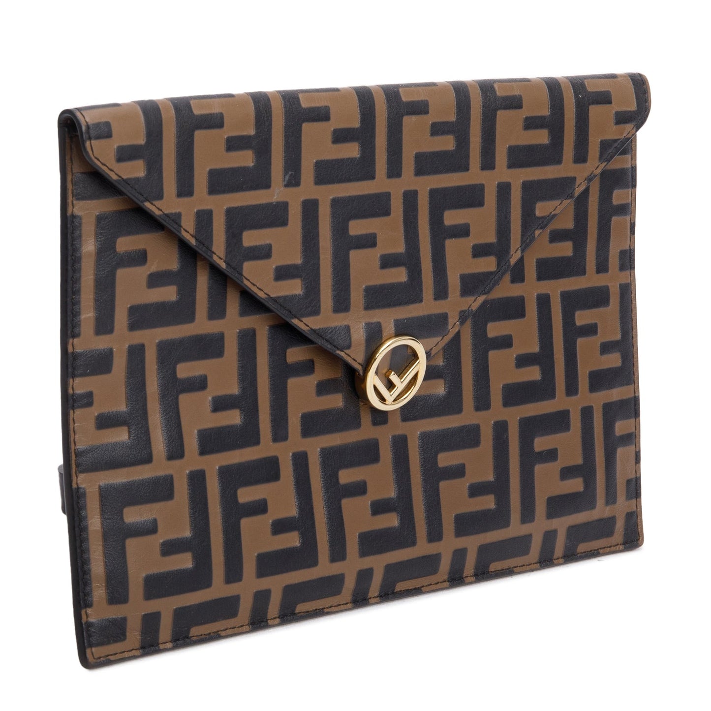 Fendi Brown Vitello Ceylon FF 1974 Embossed FF Diamonds Flat Envelope Pouch
