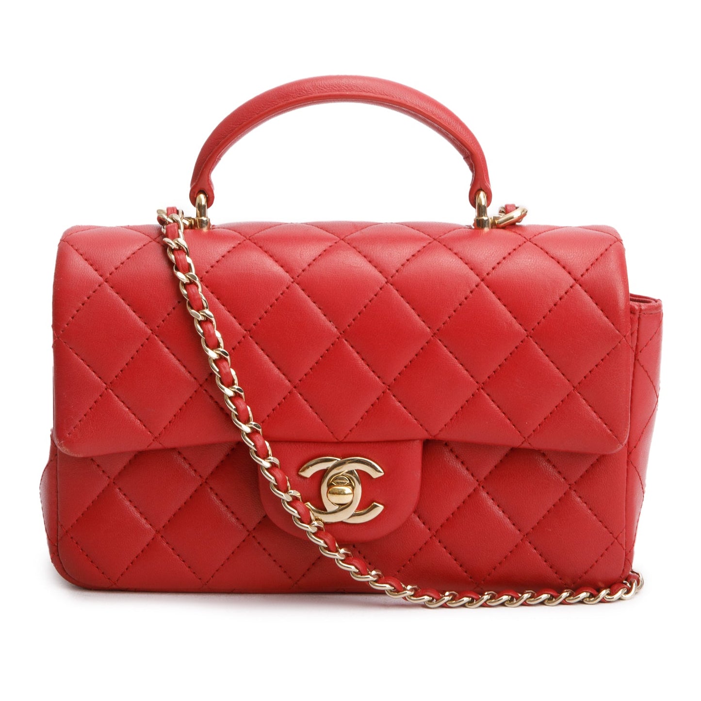 Chanel Red Lambskin Quilted Mini Top Handle Rectangular Flap