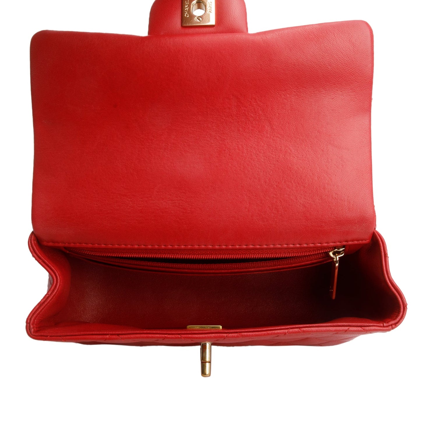 Chanel Red Lambskin Quilted Mini Top Handle Rectangular Flap