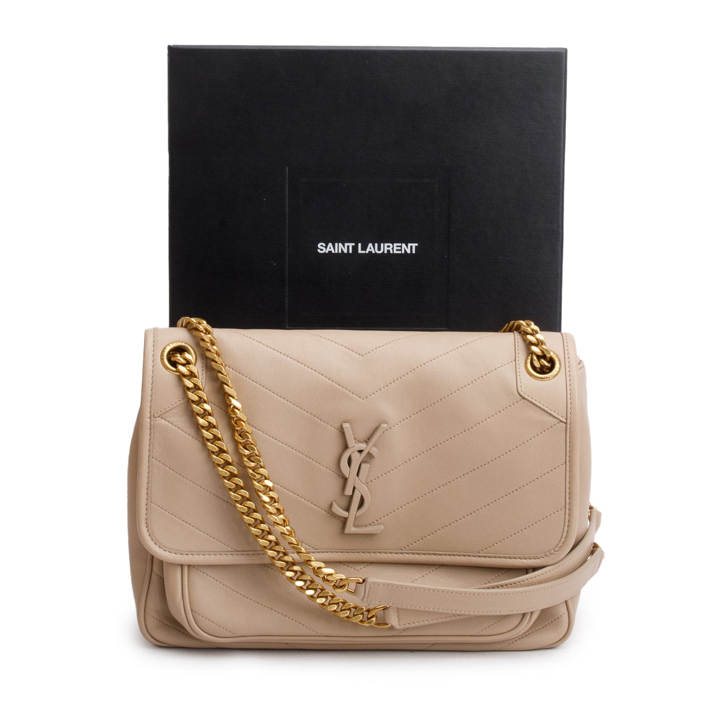 Saint Laurent 2020 Beige Lambskin Matelasse Monogram Medium Niki Chain Satchel