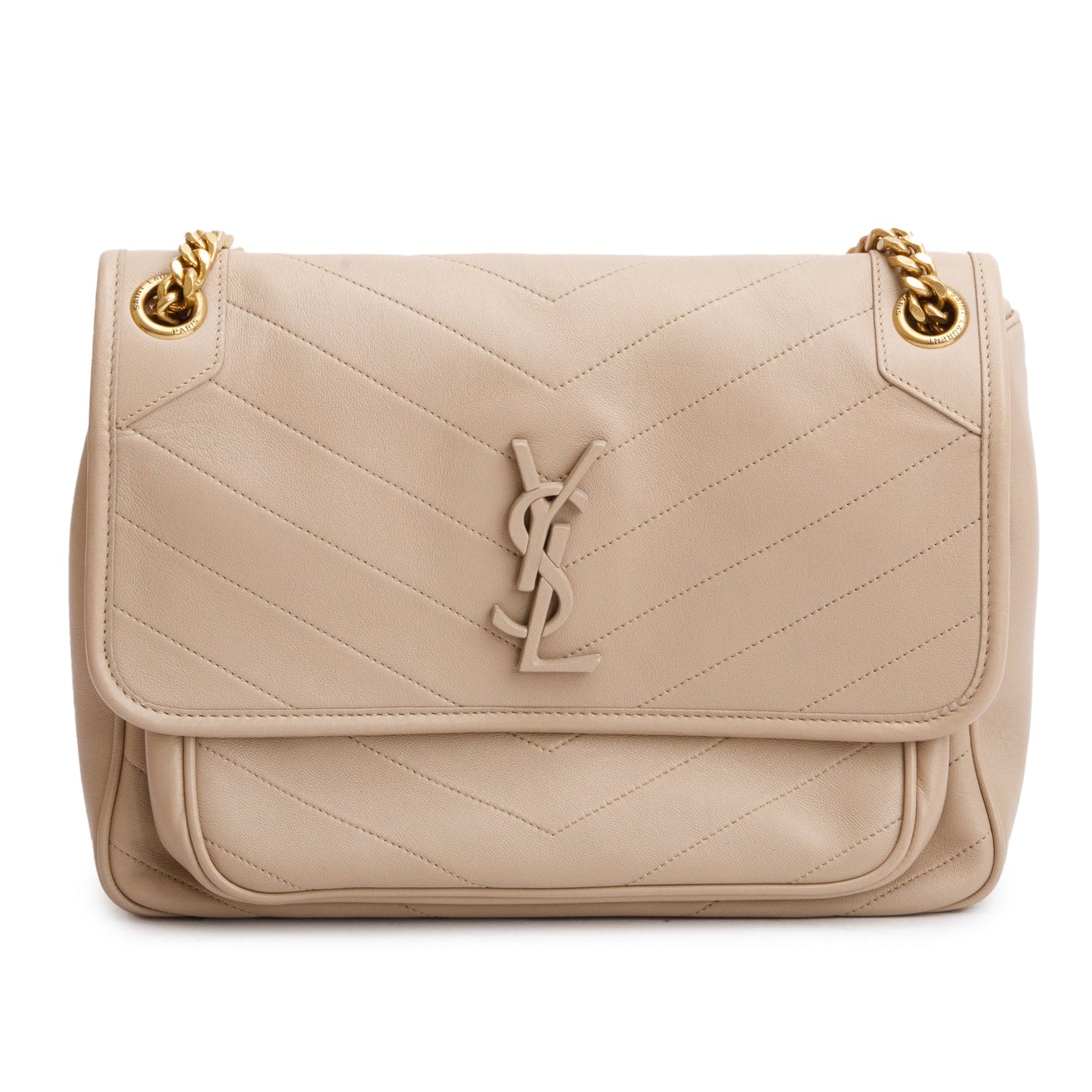 Saint Laurent 2020 Beige Lambskin Matelasse Monogram Medium Niki Chain Satchel