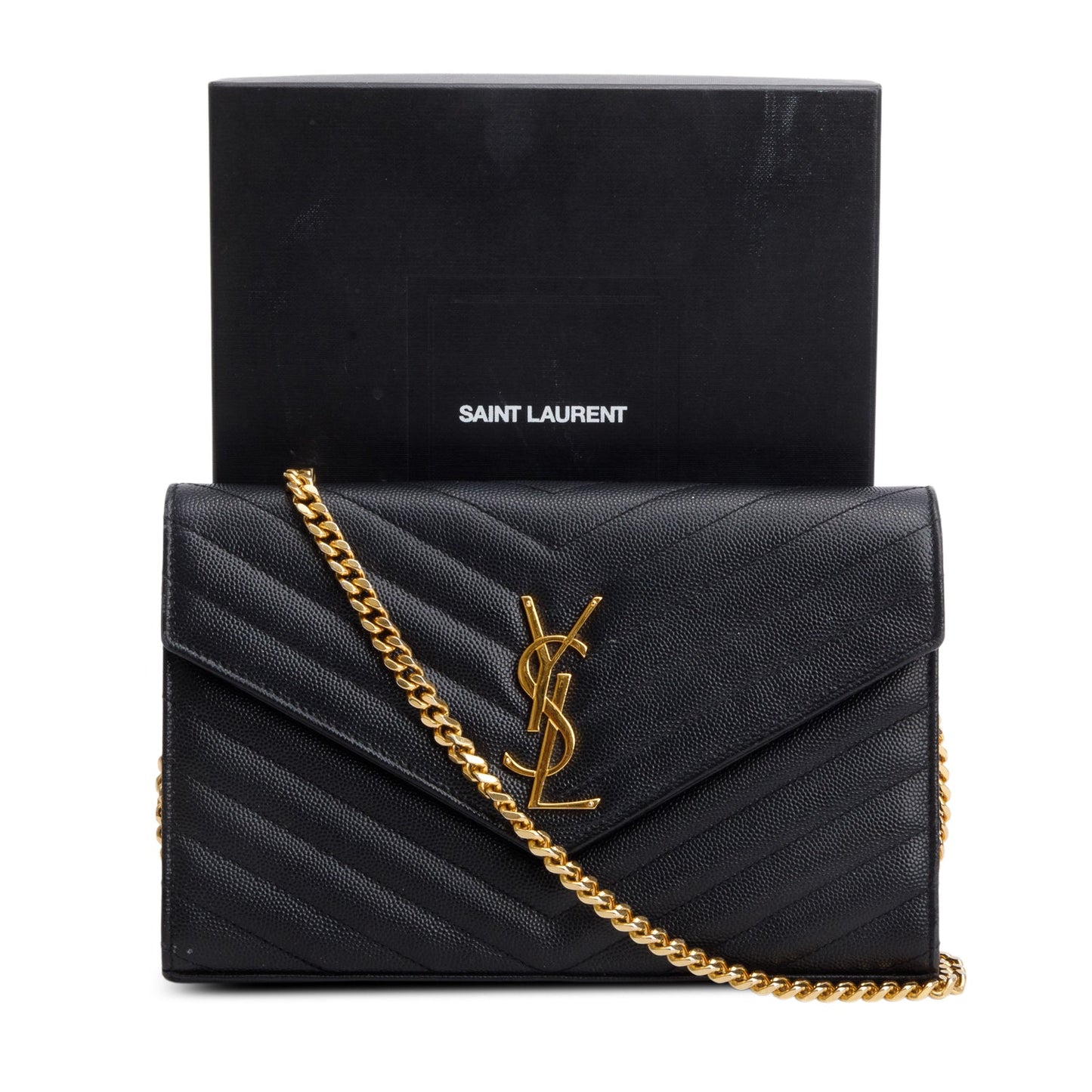 Saint Laurent Black Grain de Poudre Matelasse Chevron Cassandre Chain Wallet
