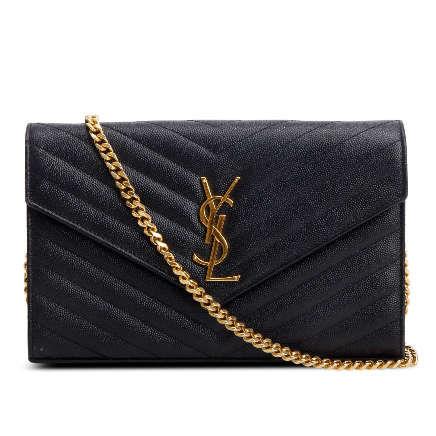 Saint Laurent Black Grain de Poudre Matelasse Chevron Cassandre Chain Wallet