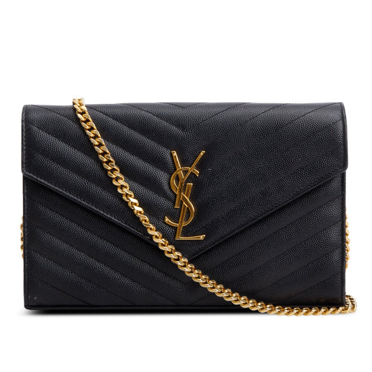 Saint Laurent Black Grain de Poudre Matelasse Chevron Cassandre Chain Wallet