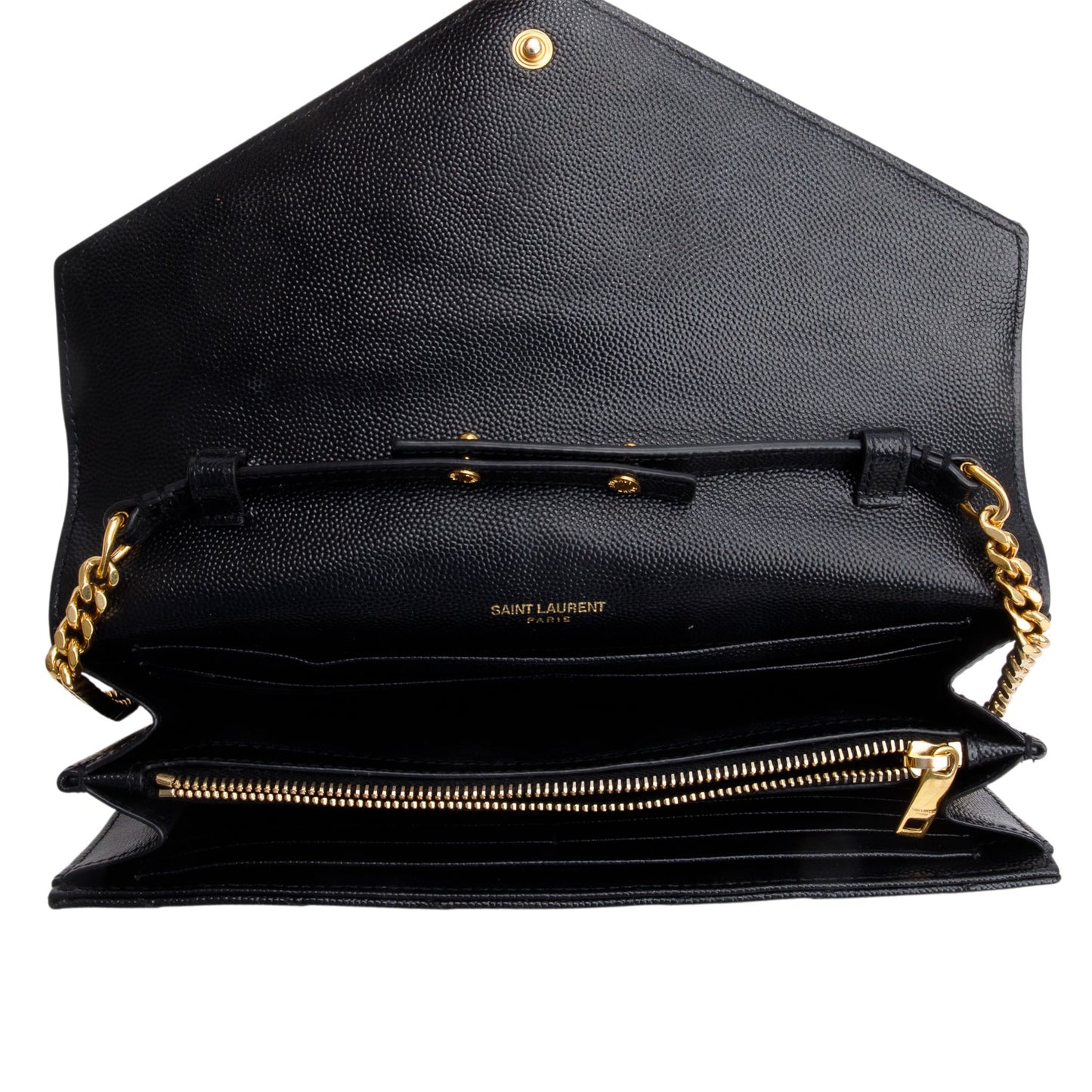 Saint Laurent Black Grain de Poudre Matelasse Chevron Cassandre Chain Wallet