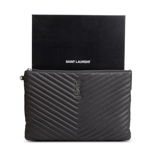 Saint Laurent Grey Calfskin Matelasse Monogram Casssandre Tablet Pouch