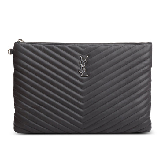 Saint Laurent Grey Calfskin Matelasse Monogram Casssandre Tablet Pouch