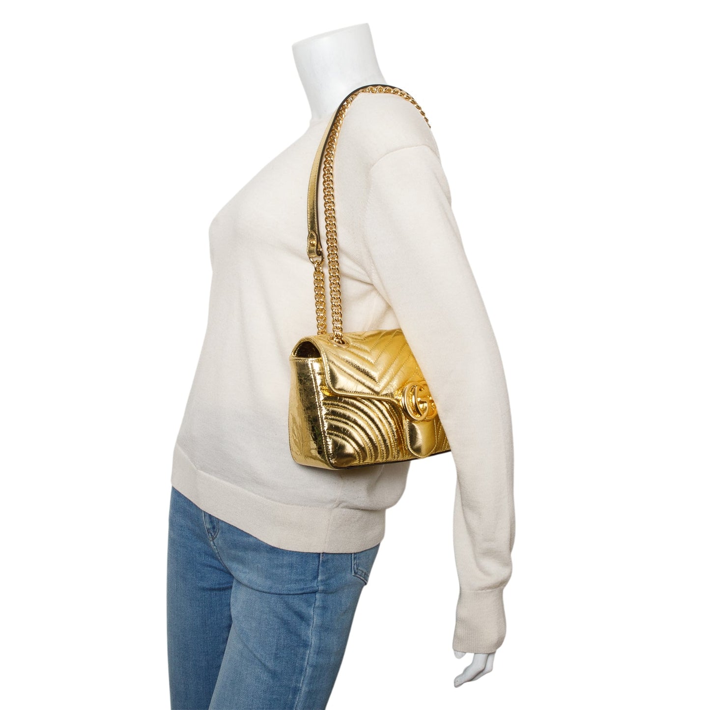 Gucci Gold Metallic Crinkled Calfskin Matelasse Medium GG Marmont Shoulder Bag