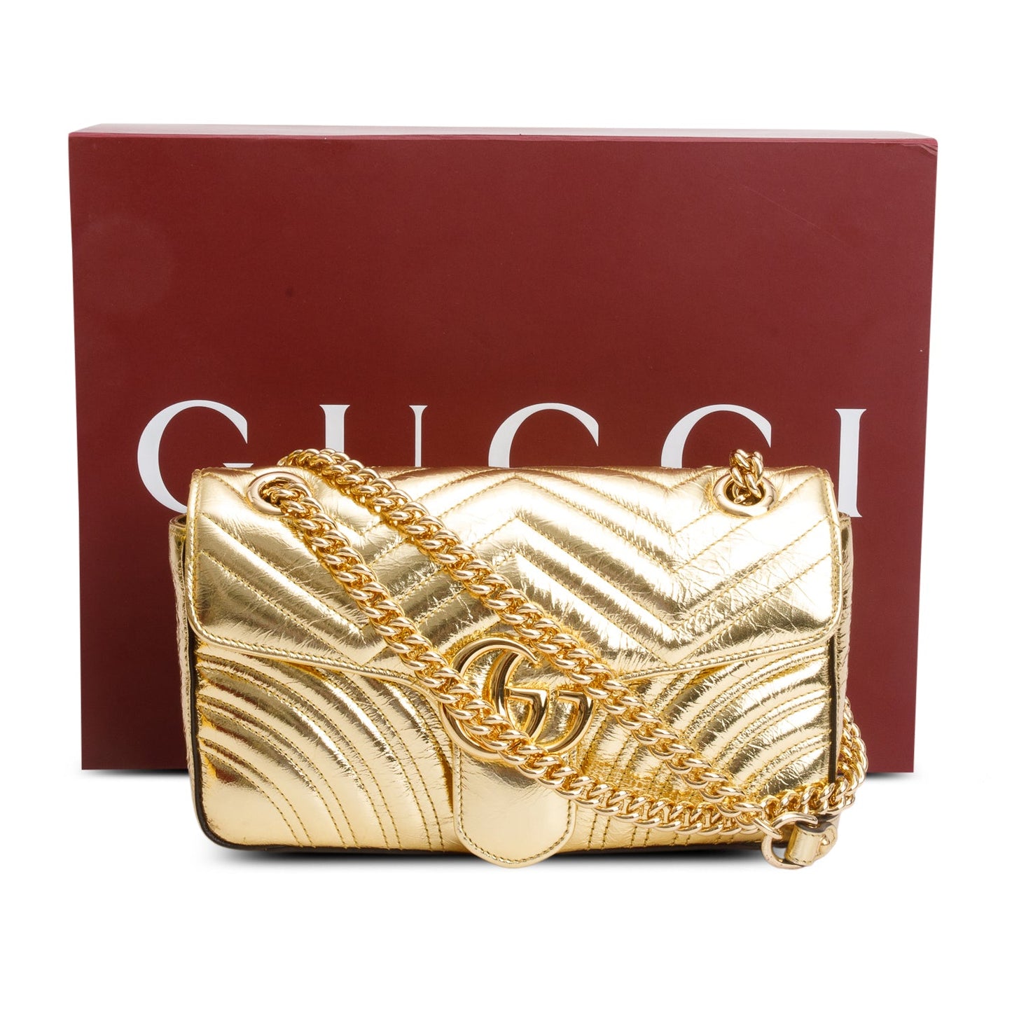 Gucci Gold Metallic Crinkled Calfskin Matelasse Medium GG Marmont Shoulder Bag
