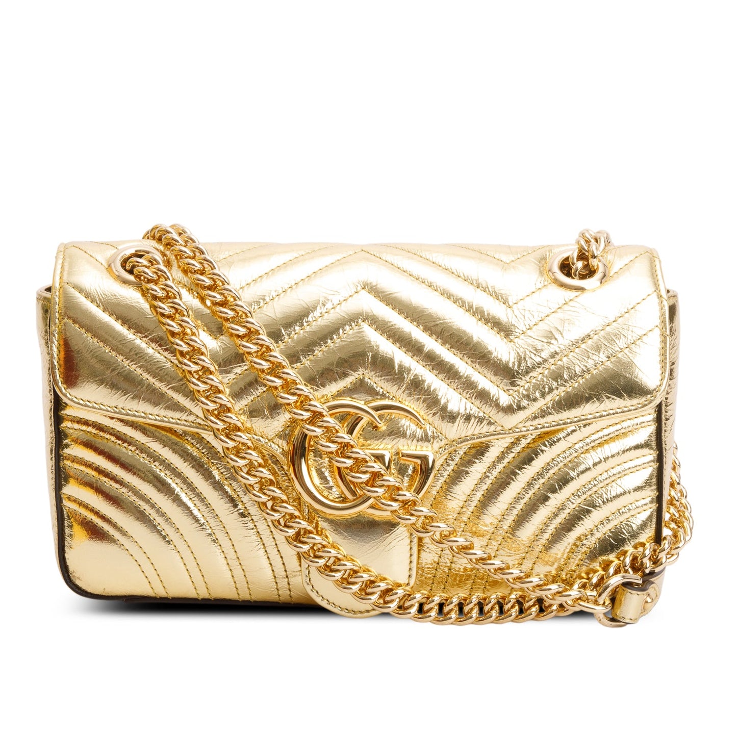 Gucci Gold Metallic Crinkled Calfskin Matelasse Medium GG Marmont Shoulder Bag