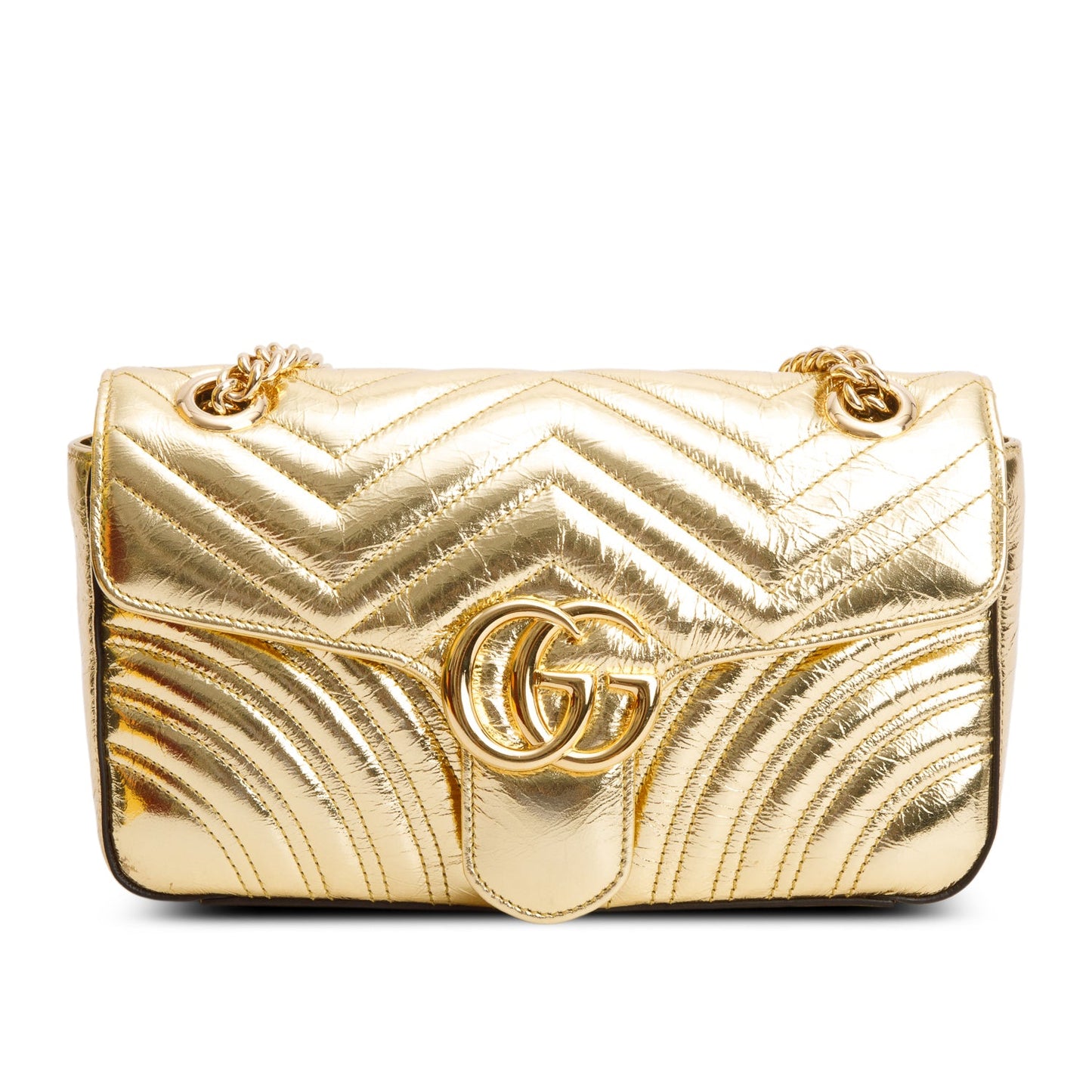 Gucci Gold Metallic Crinkled Calfskin Matelasse Medium GG Marmont Shoulder Bag