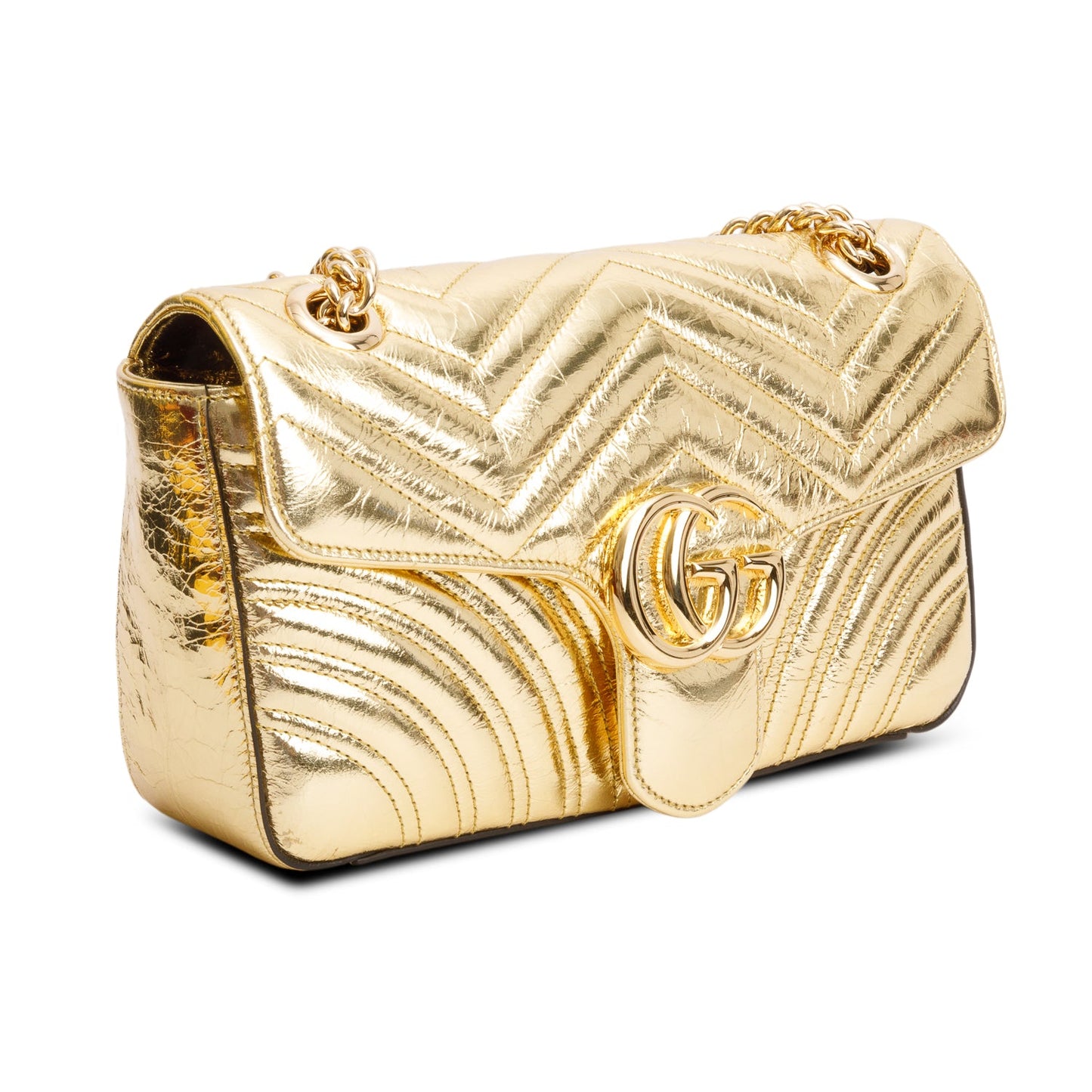 Gucci Gold Metallic Crinkled Calfskin Matelasse Medium GG Marmont Shoulder Bag