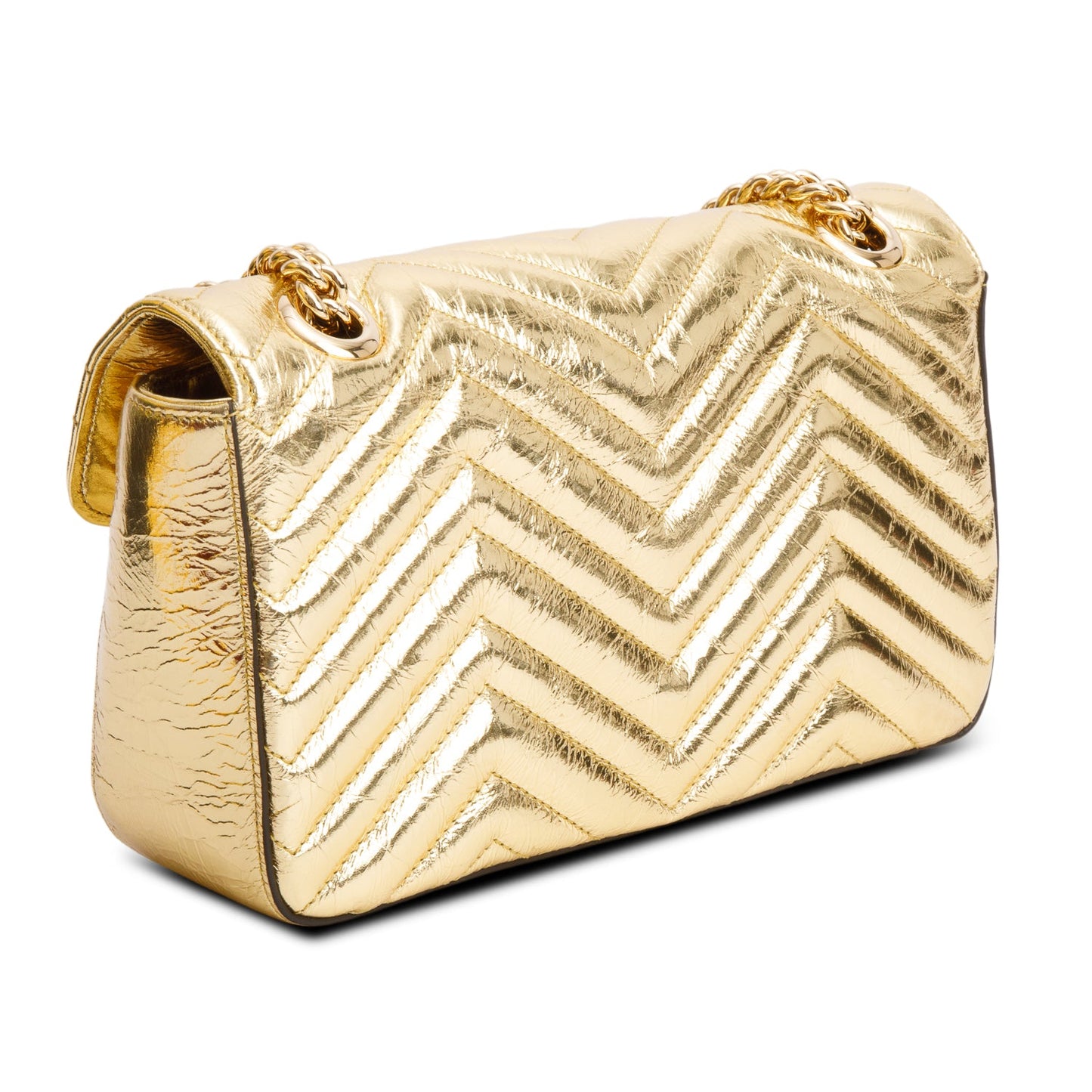 Gucci Gold Metallic Crinkled Calfskin Matelasse Medium GG Marmont Shoulder Bag