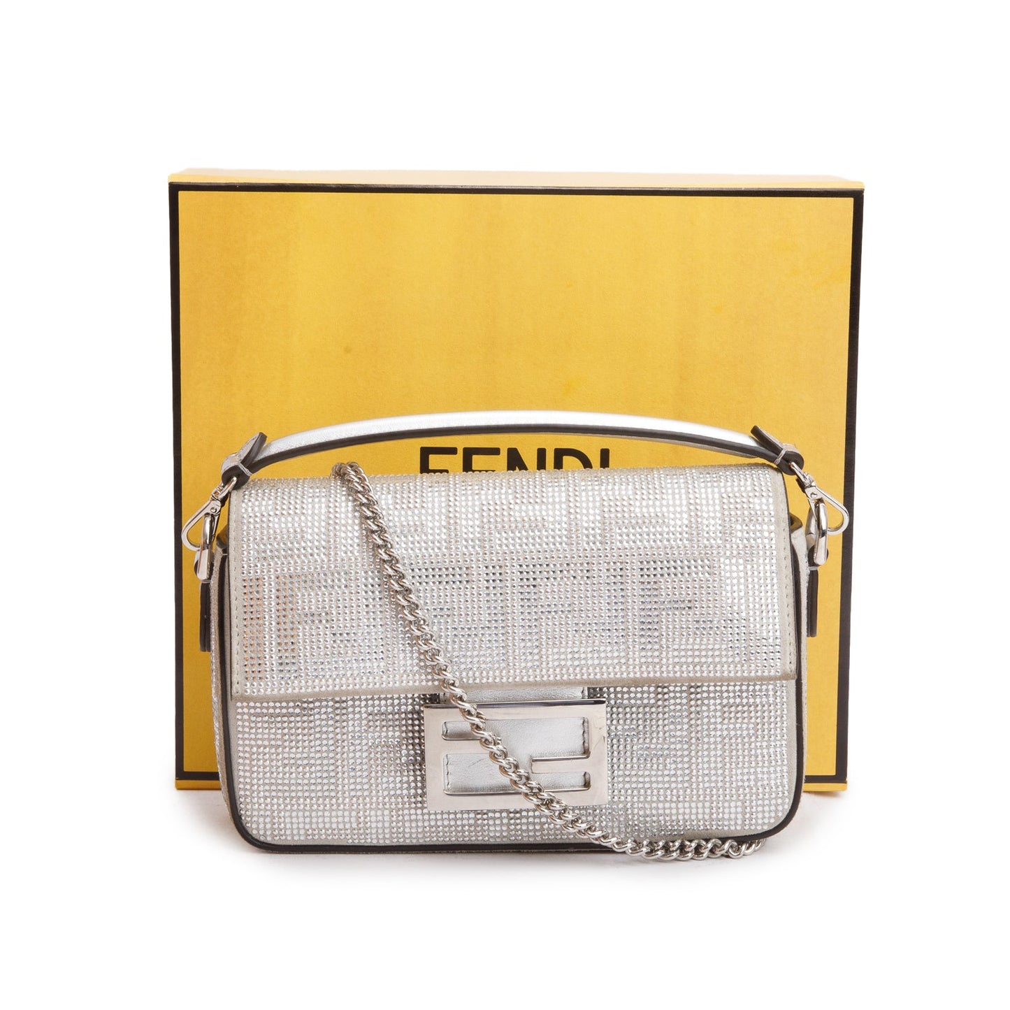 Fendi 2024 Silver FF Suede Crystal Mini Be Baguette Chain Crossbody