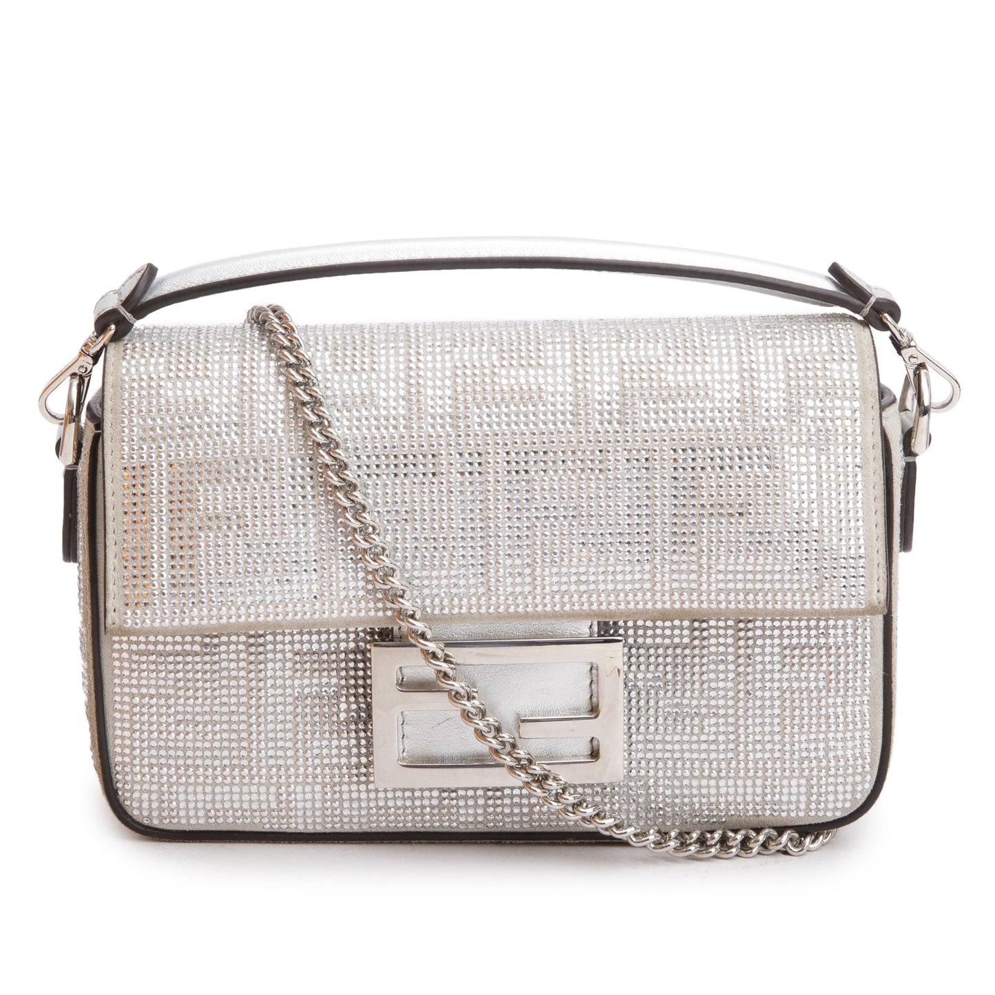 Fendi 2024 Silver FF Suede Crystal Mini Be Baguette Chain Crossbody