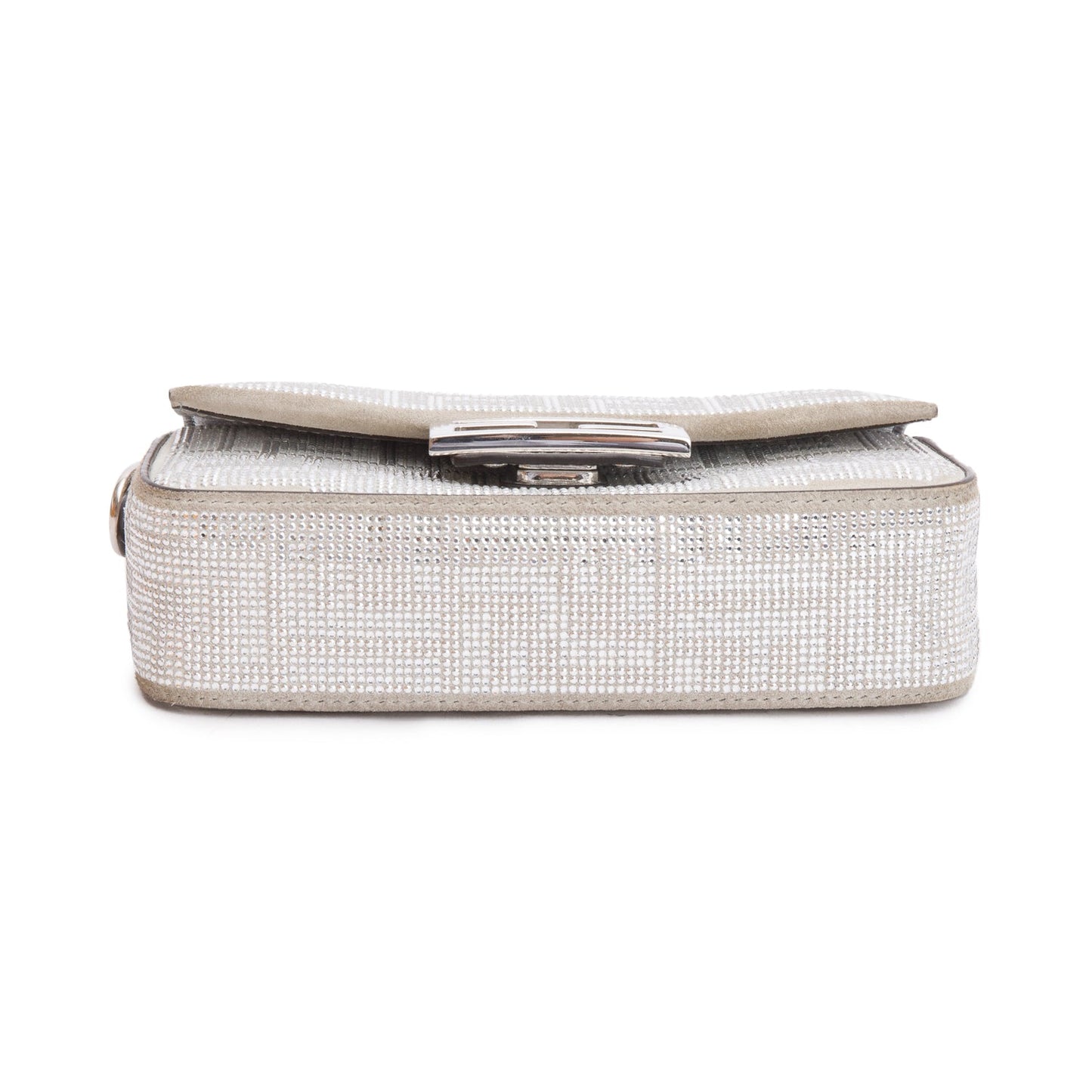 Fendi 2024 Silver FF Suede Crystal Mini Be Baguette Chain Crossbody