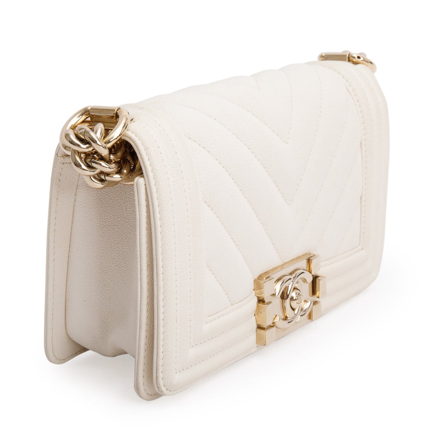 Chanel White Chevron Quilted Caviar Small Boy Bag