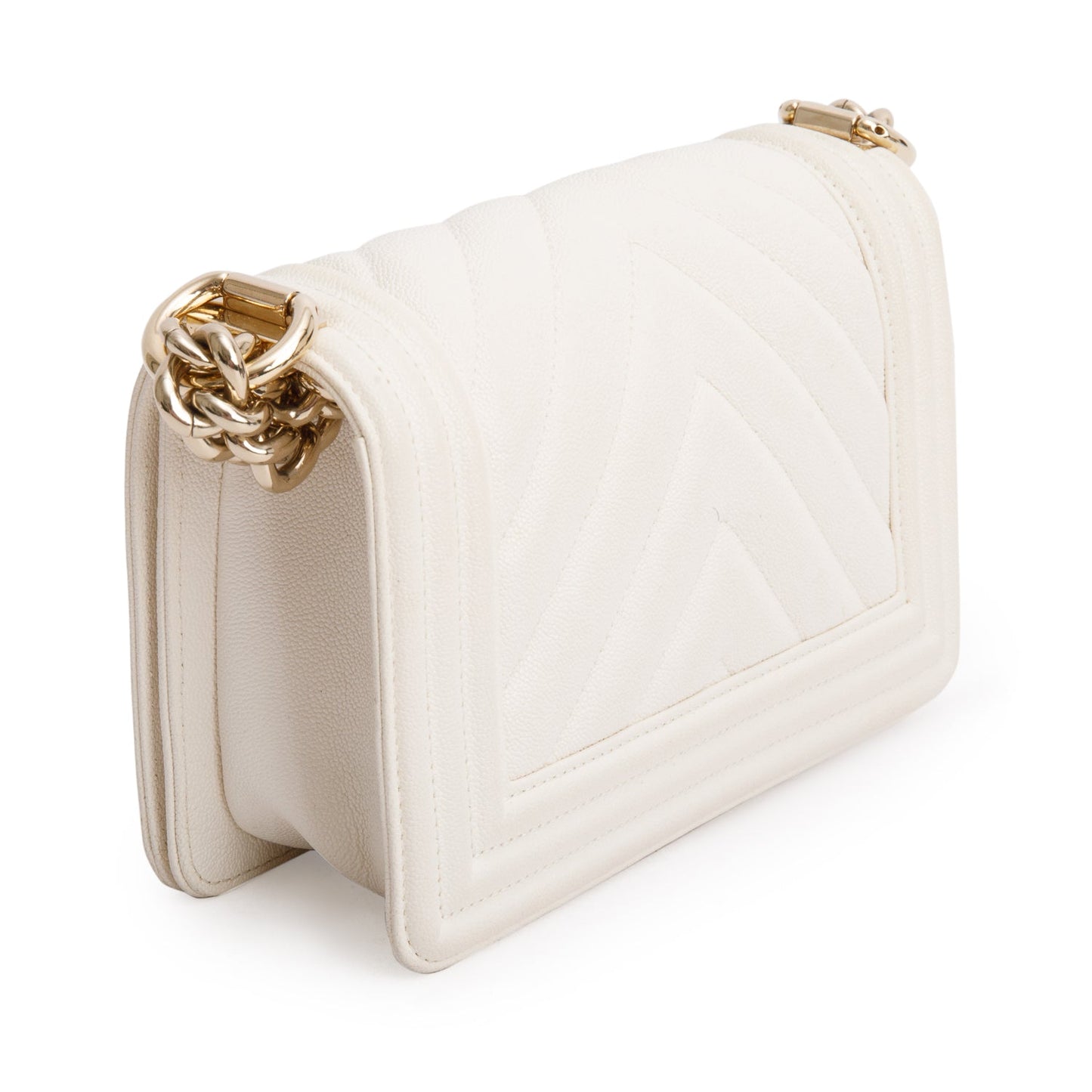 Chanel White Chevron Quilted Caviar Small Boy Bag