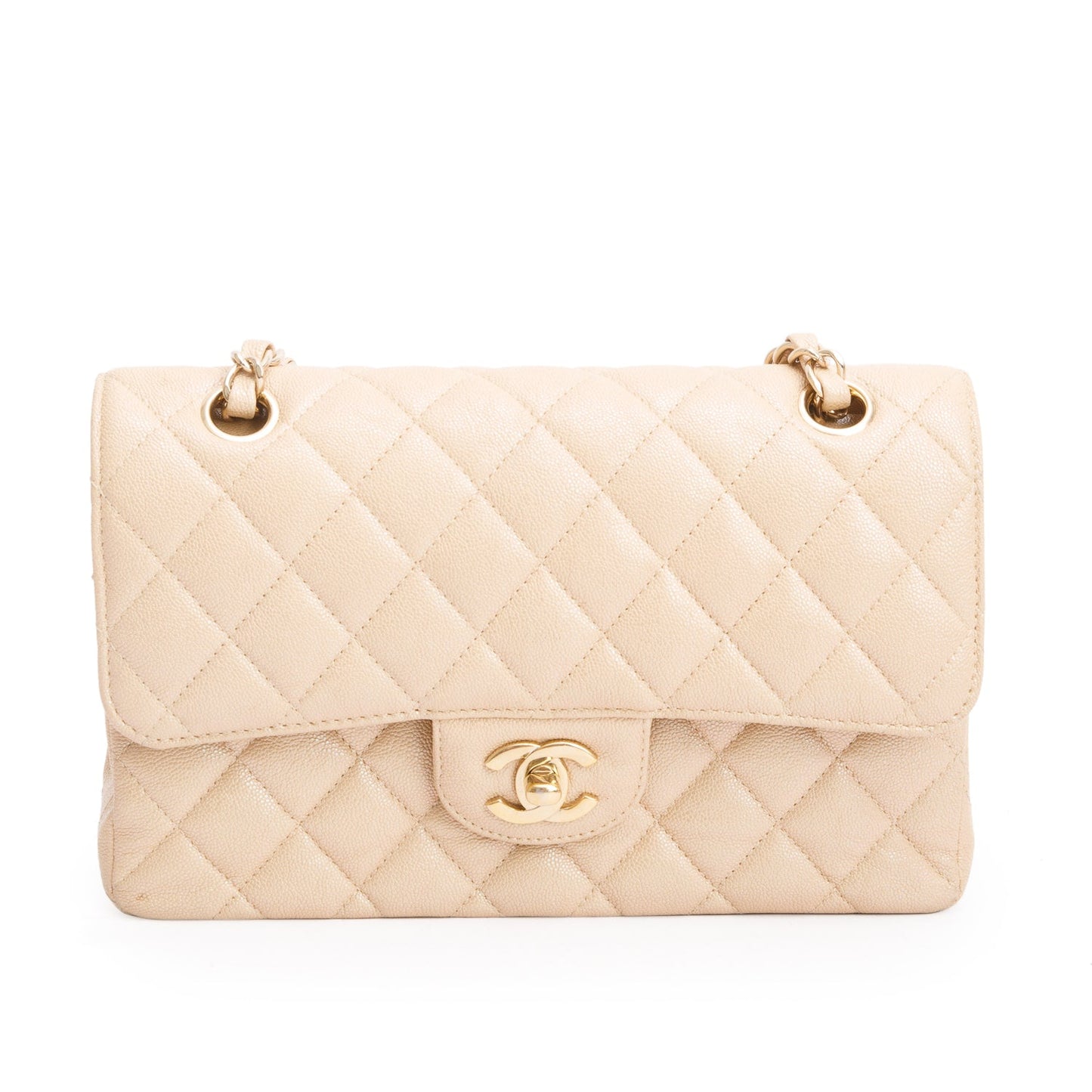 Chanel Iridescent Beige Caviar Quilted Small Double Flap Bag
