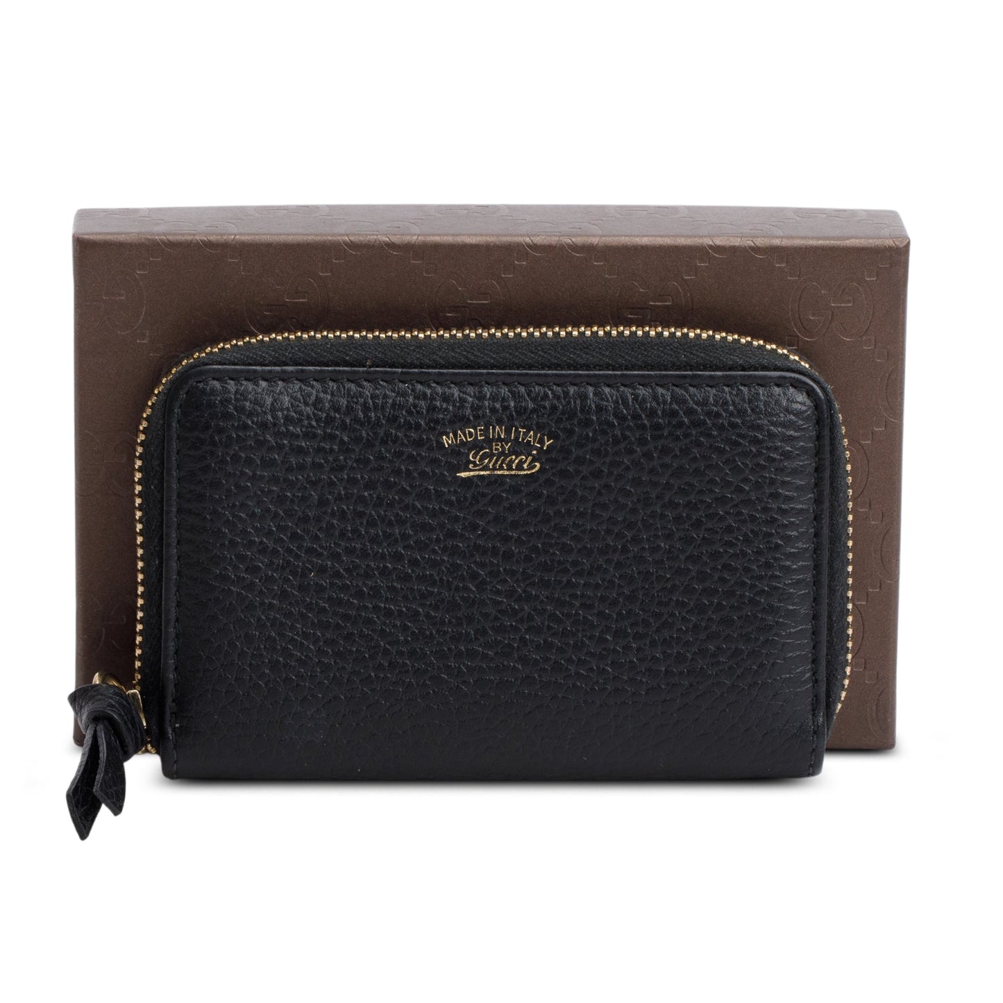 Gucci Black Leather Logo Print Compact Zip Wallet