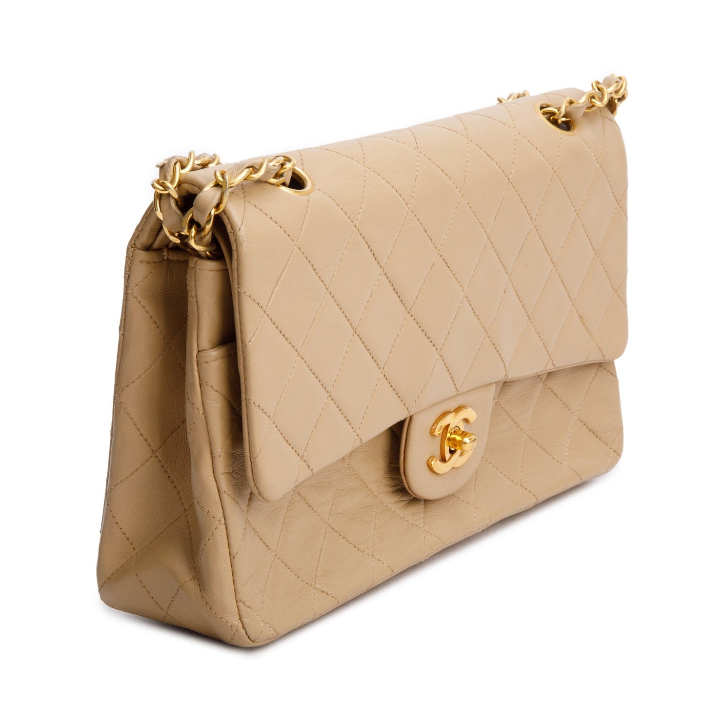 Chanel Vintage Beige Lambskin Quilted Medium Double Flap