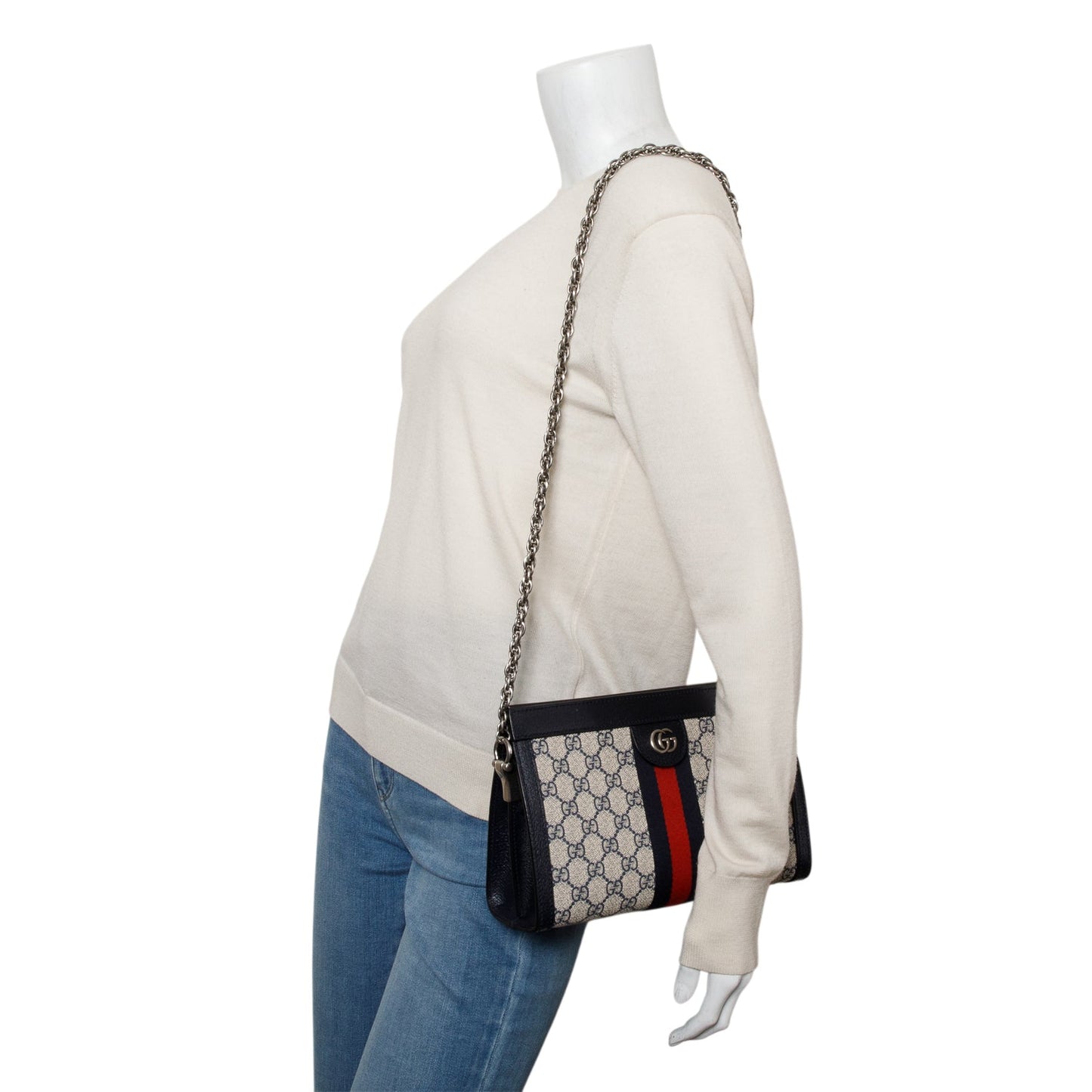 Gucci Black GG Supreme Monogram Textured Calfskin Web Medium Ophidia Chain Shoulder Bag