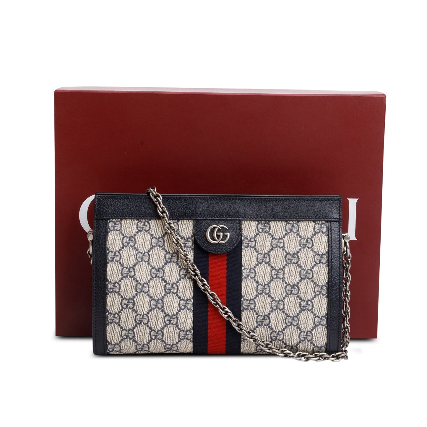 Gucci Black GG Supreme Monogram Textured Calfskin Web Medium Ophidia Chain Shoulder Bag