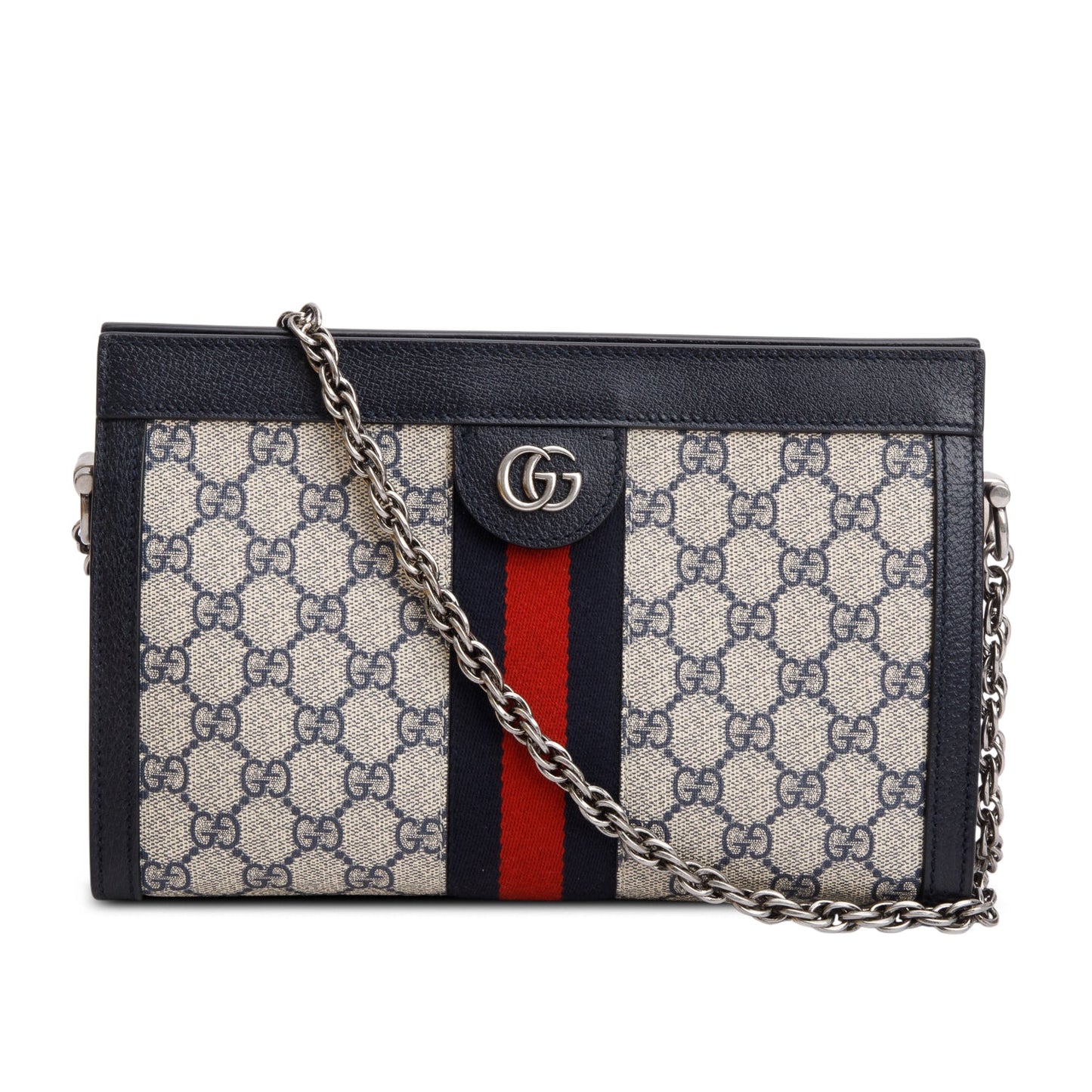 Gucci Black GG Supreme Monogram Textured Calfskin Web Medium Ophidia Chain Shoulder Bag