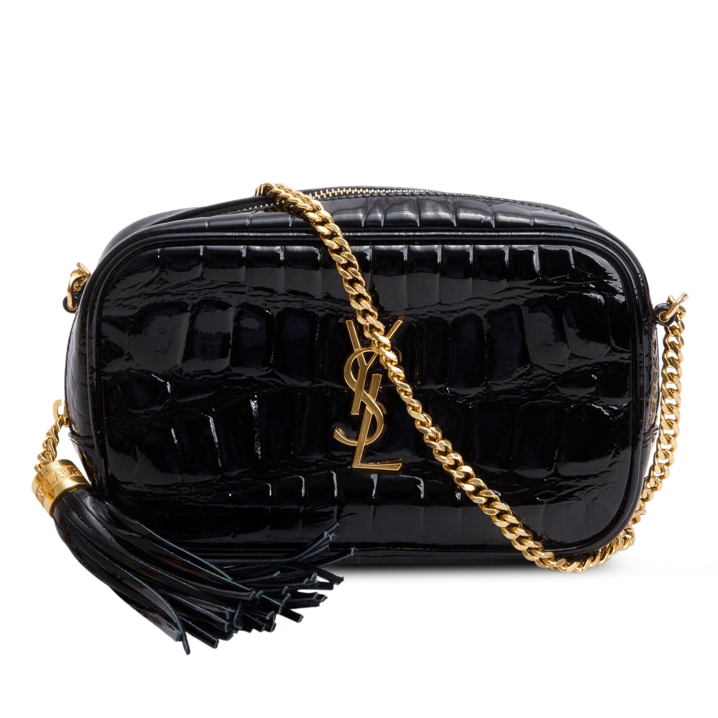 Saint Laurent 2022 Black Croc Embossed Patent Leather Mini Lou Camera Bag