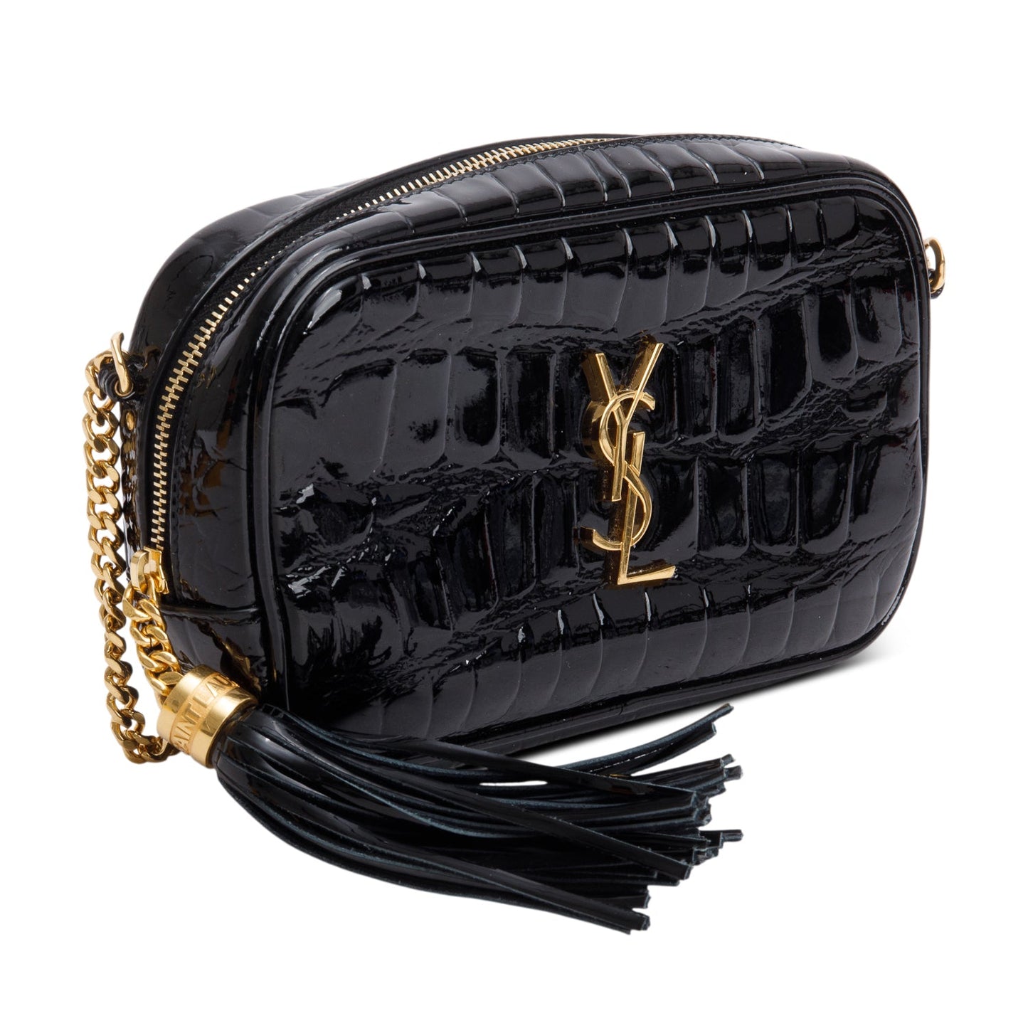Saint Laurent 2022 Black Croc Embossed Patent Leather Mini Lou Camera Bag